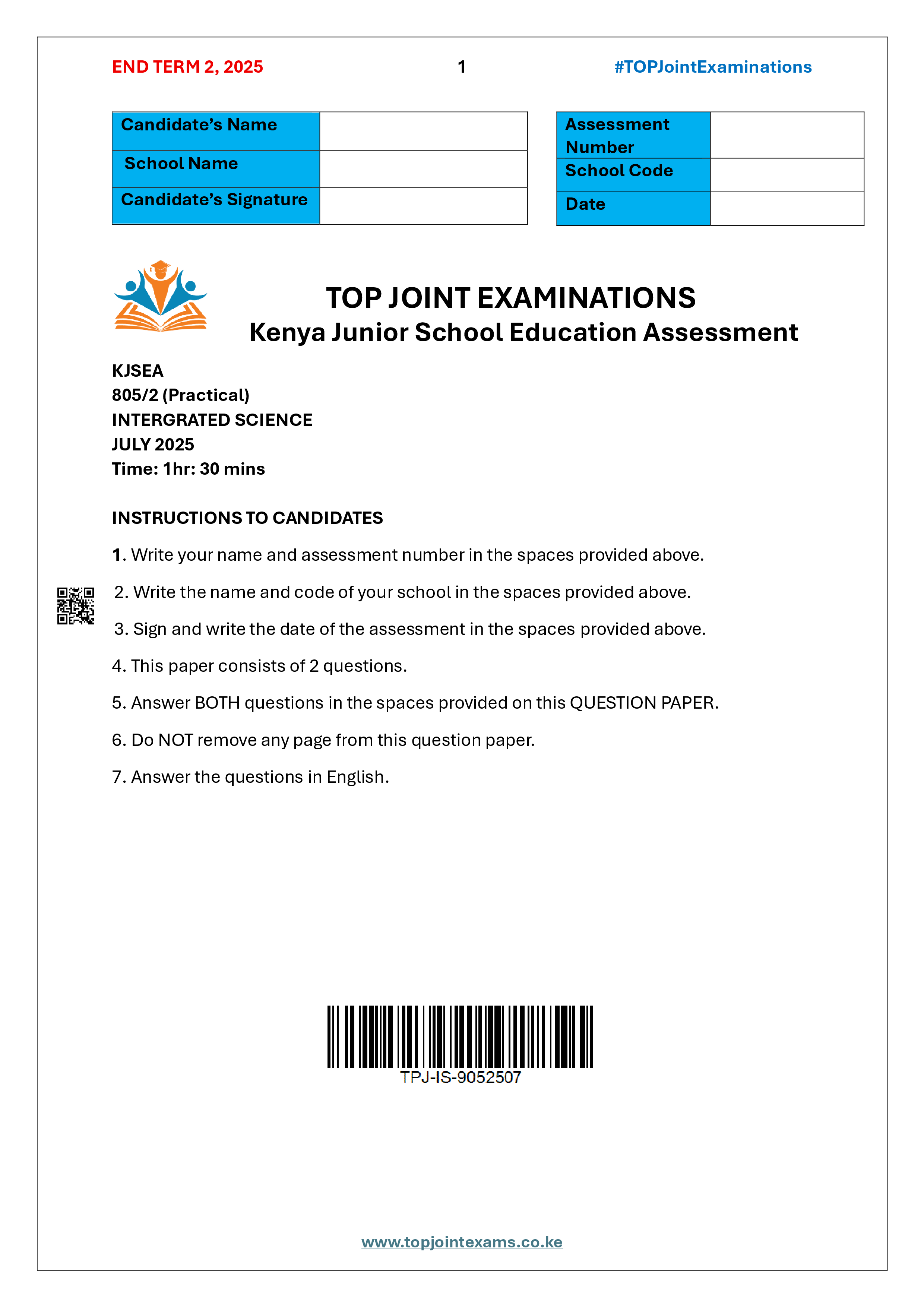 INTEGRATED SCIENCE GRADE 8 PAPER 2 END TERM 2 2025
