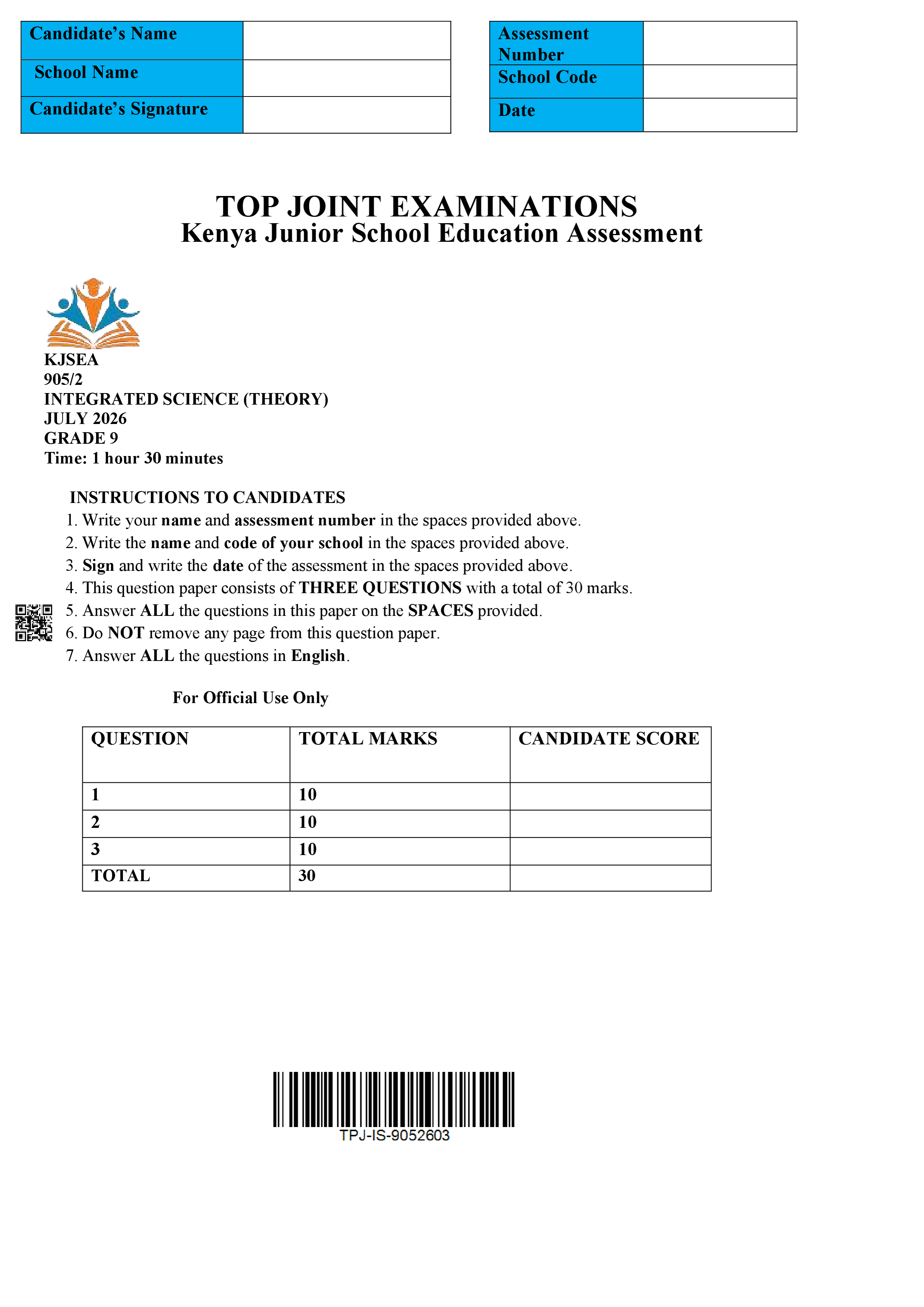 INTEGRATED SCIENCE GRADE 8 PAPER 2 END TERM 2 2026