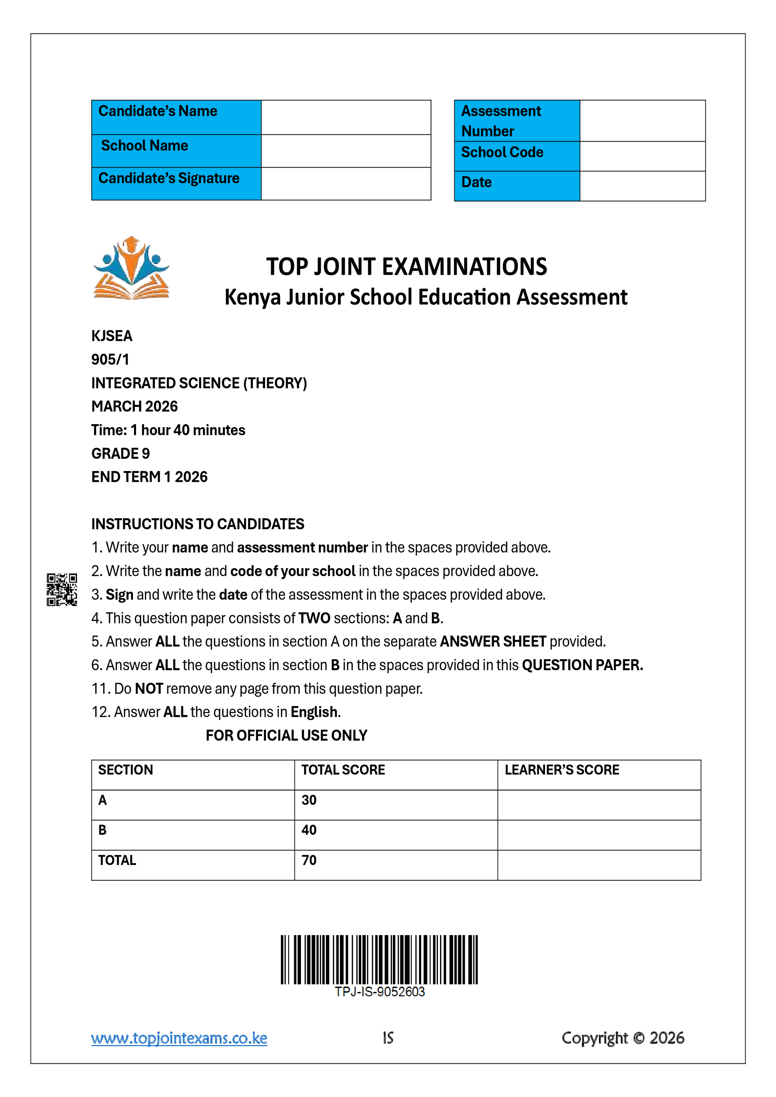 INTEGRATED SCIENCE GRADE 9 PAPER 1 END TERM 1 2026
