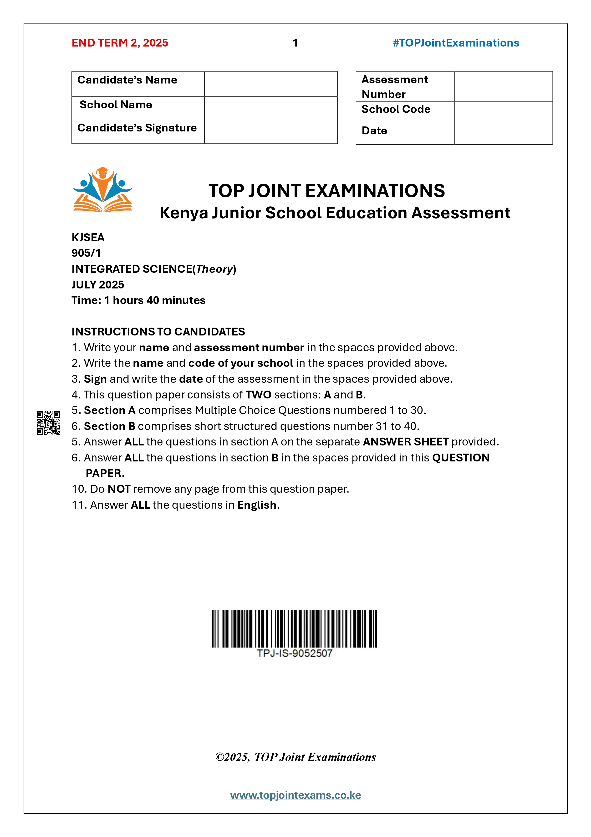 INTEGRATED SCIENCE GRADE 9 PAPER 1 END TERM 2 2025