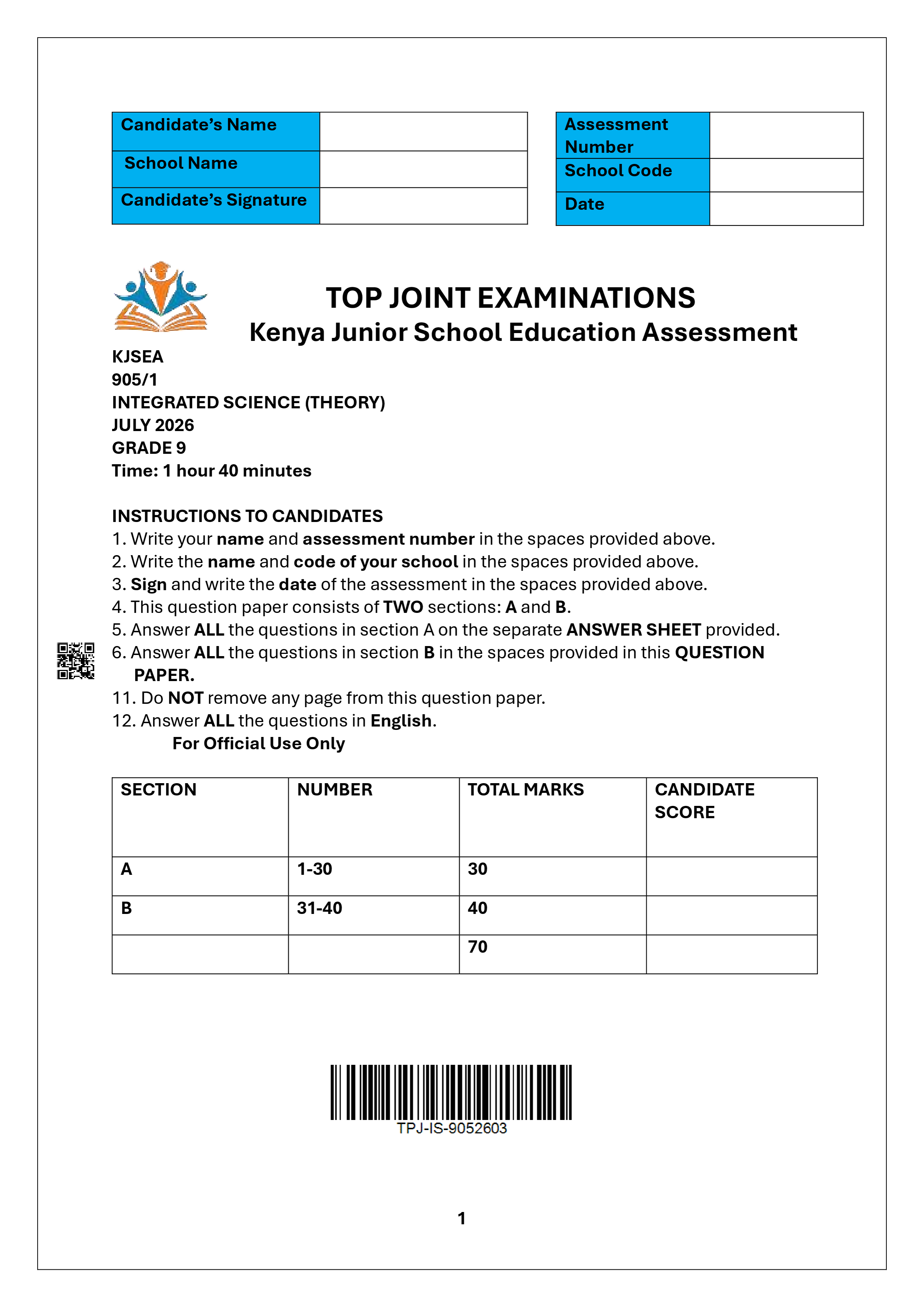 INTEGRATED SCIENCE GRADE 9 PAPER 1 END TERM 2 2026