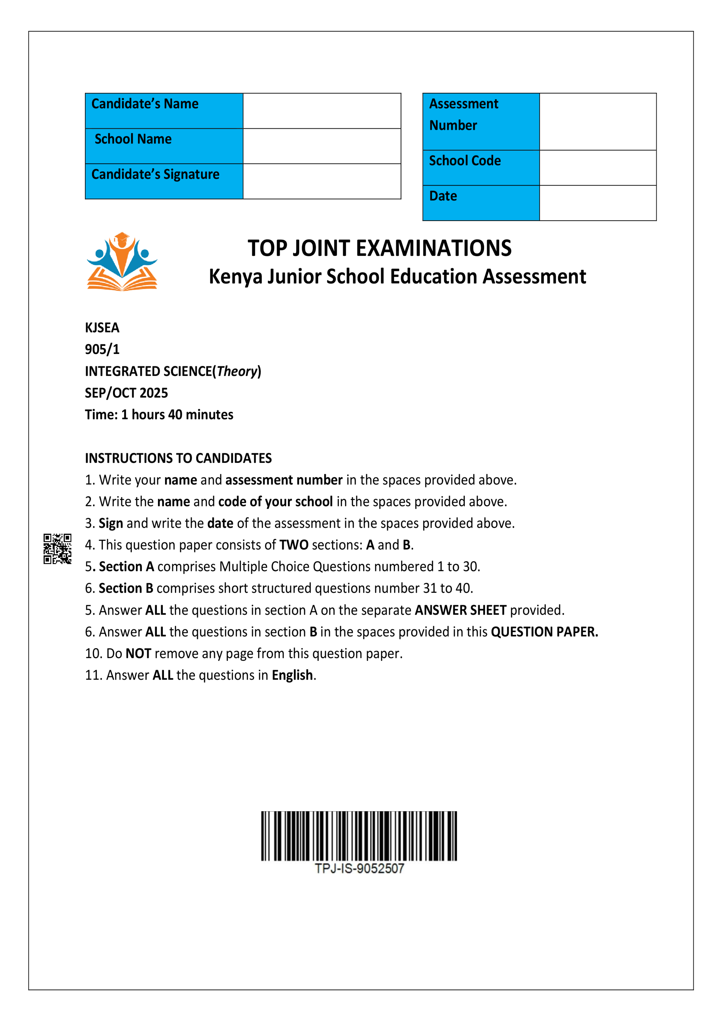 INTEGRATED SCIENCE GRADE 9 PAPER 1 MID TERM 3 2025