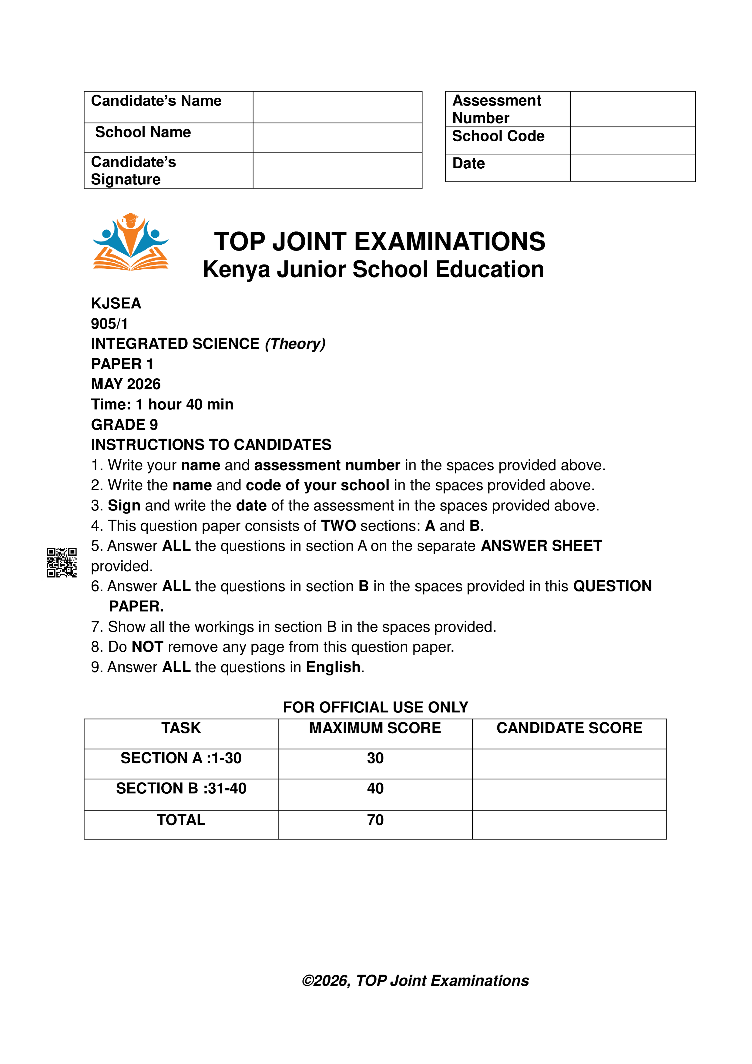 INTEGRATED SCIENCE GRADE 9 OPENER TERM 2 2026