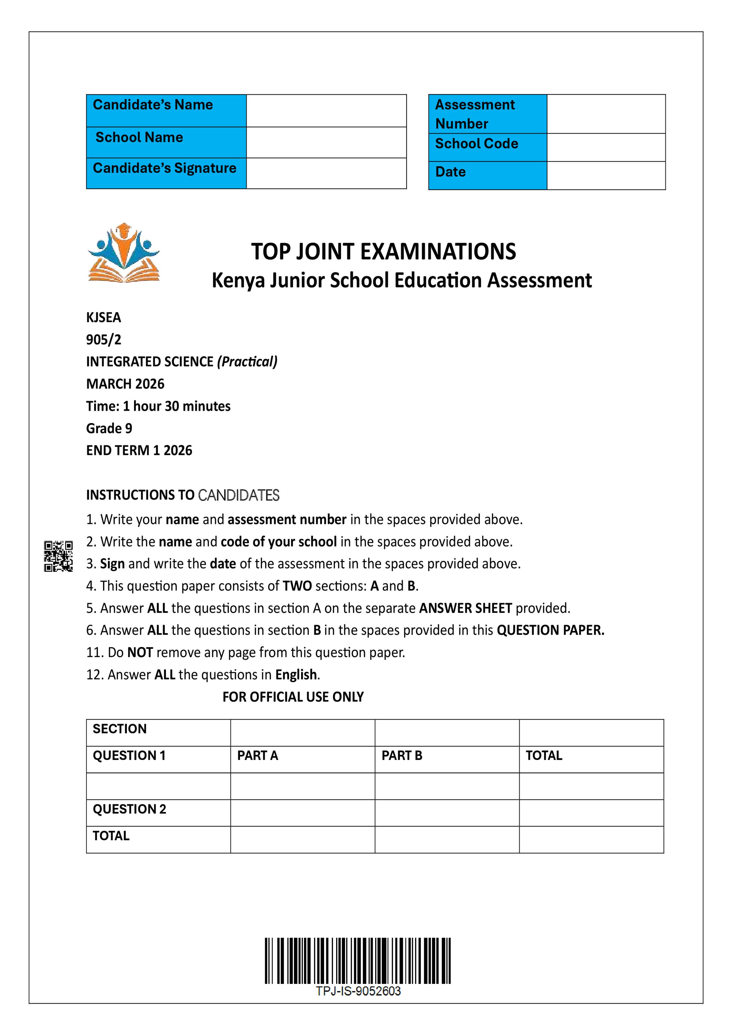 INTEGRATED SCIENCE GRADE 9 PAPER 2 END TERM 1 2026