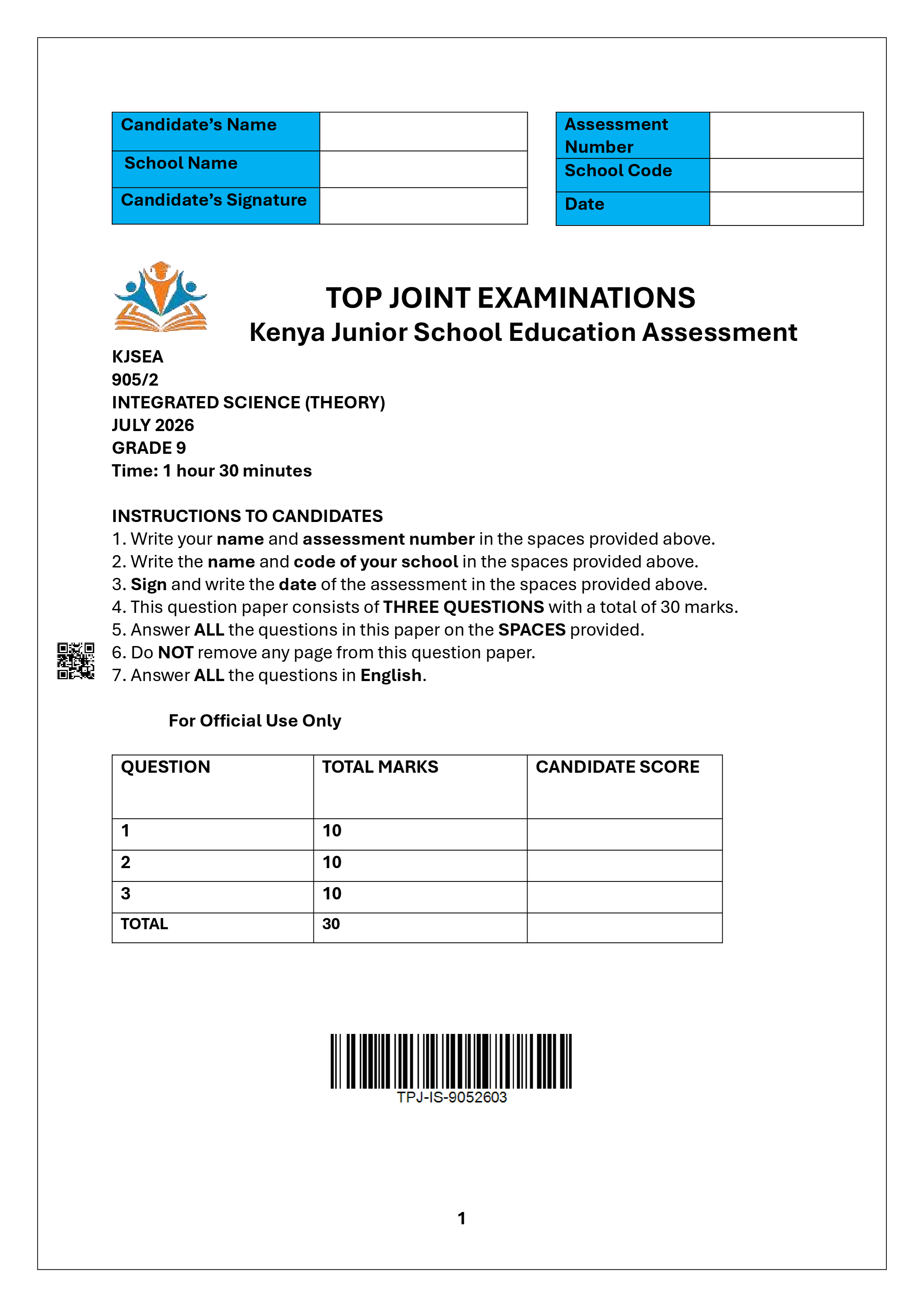 INTEGRATED SCIENCE GRADE 9 PAPER 2 END TERM 2 2026
