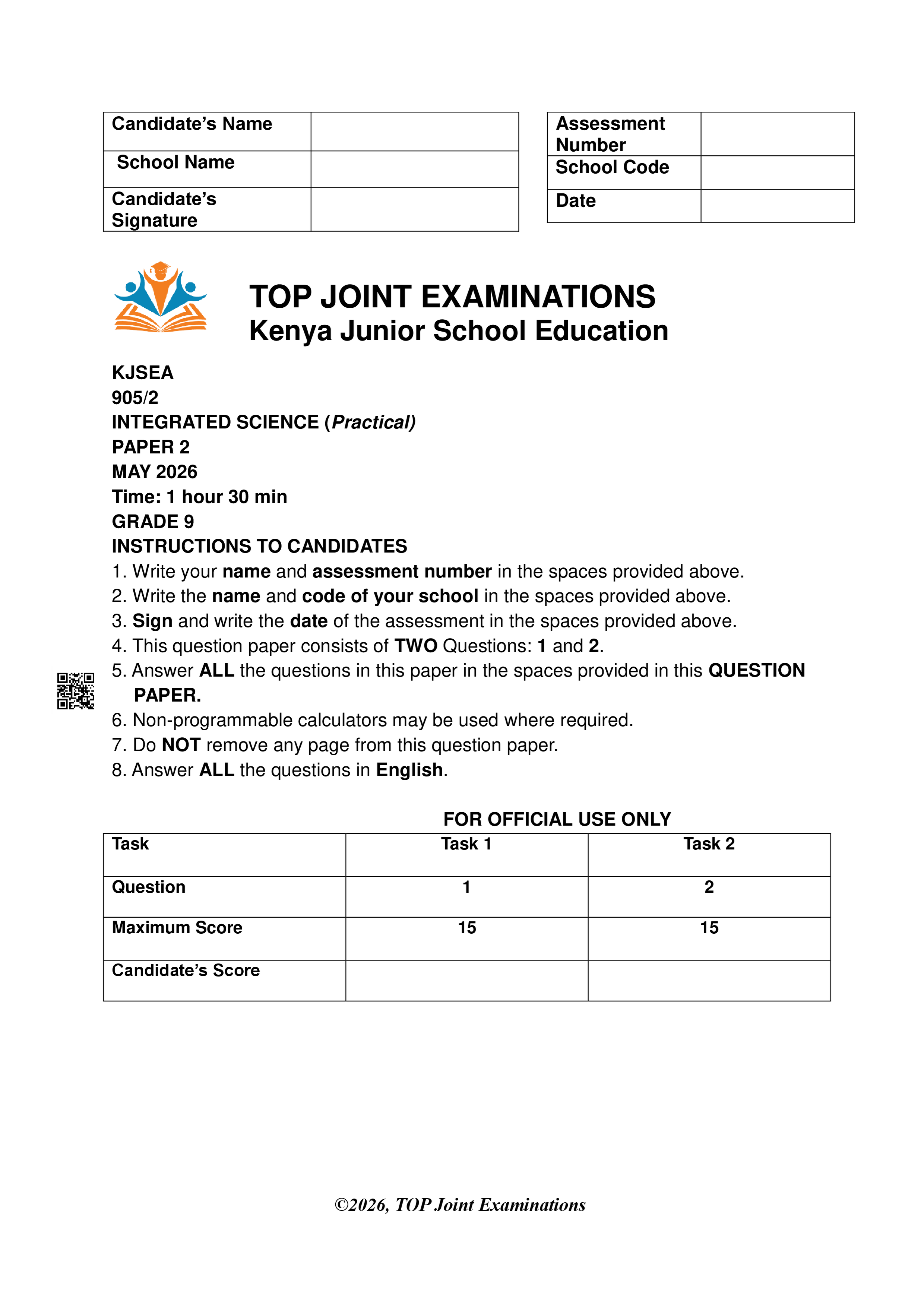 INTEGRATED SCIENCE GRADE 9 OPENER TERM 2 2026