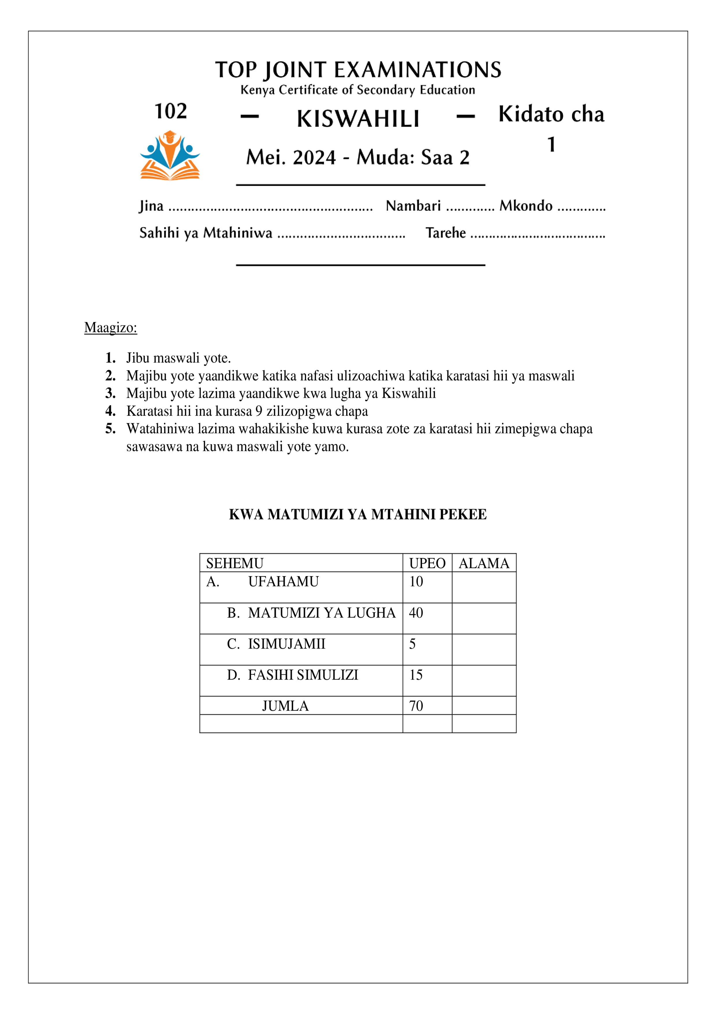 KISWAHILI KIDATO CHA KWANZA MWANZO WA MUHULA WA PILI 2024