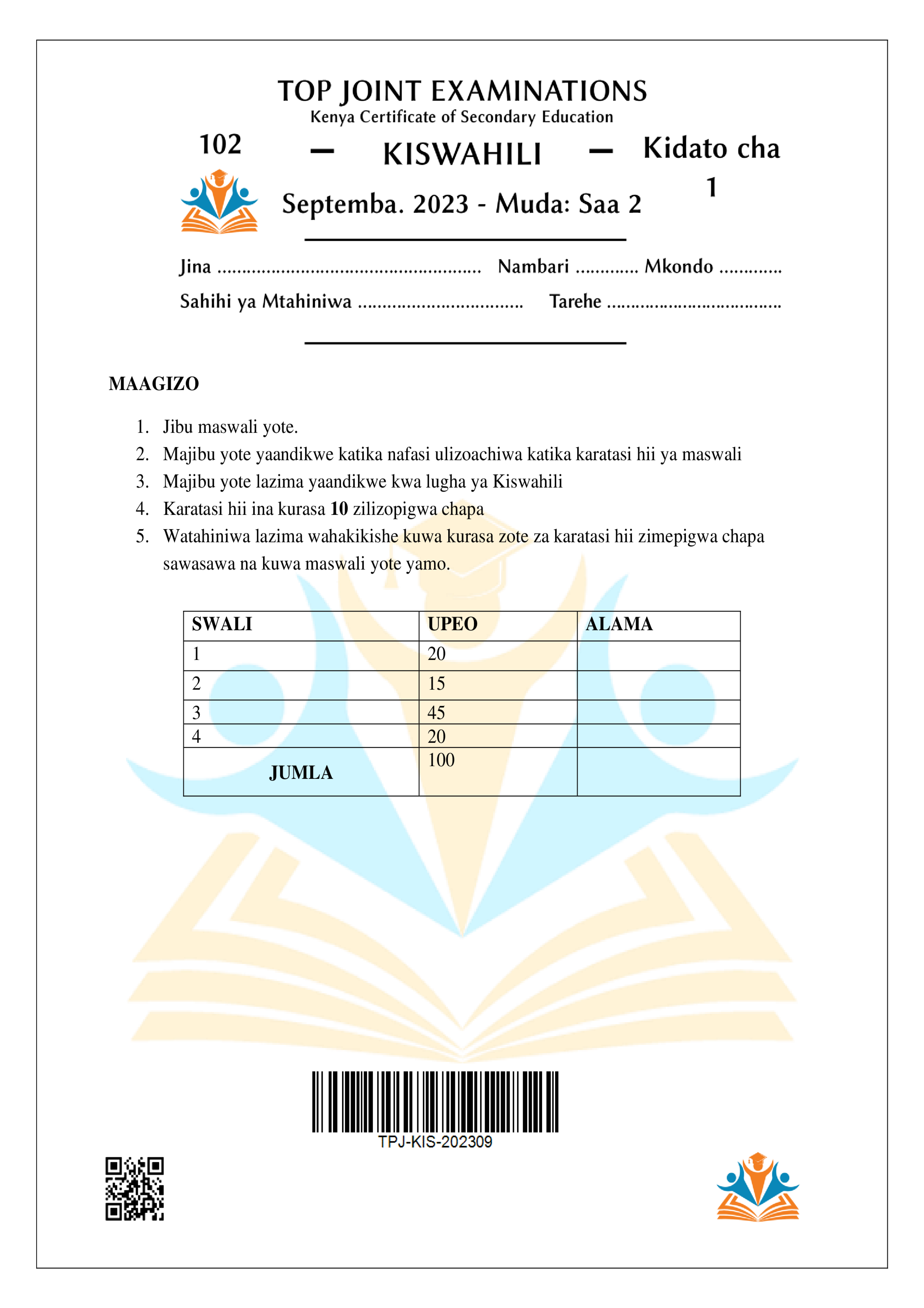 KISWAHILI KIDATO CHA KWANZA MWANZO WA MUHULA WA TATU 2023