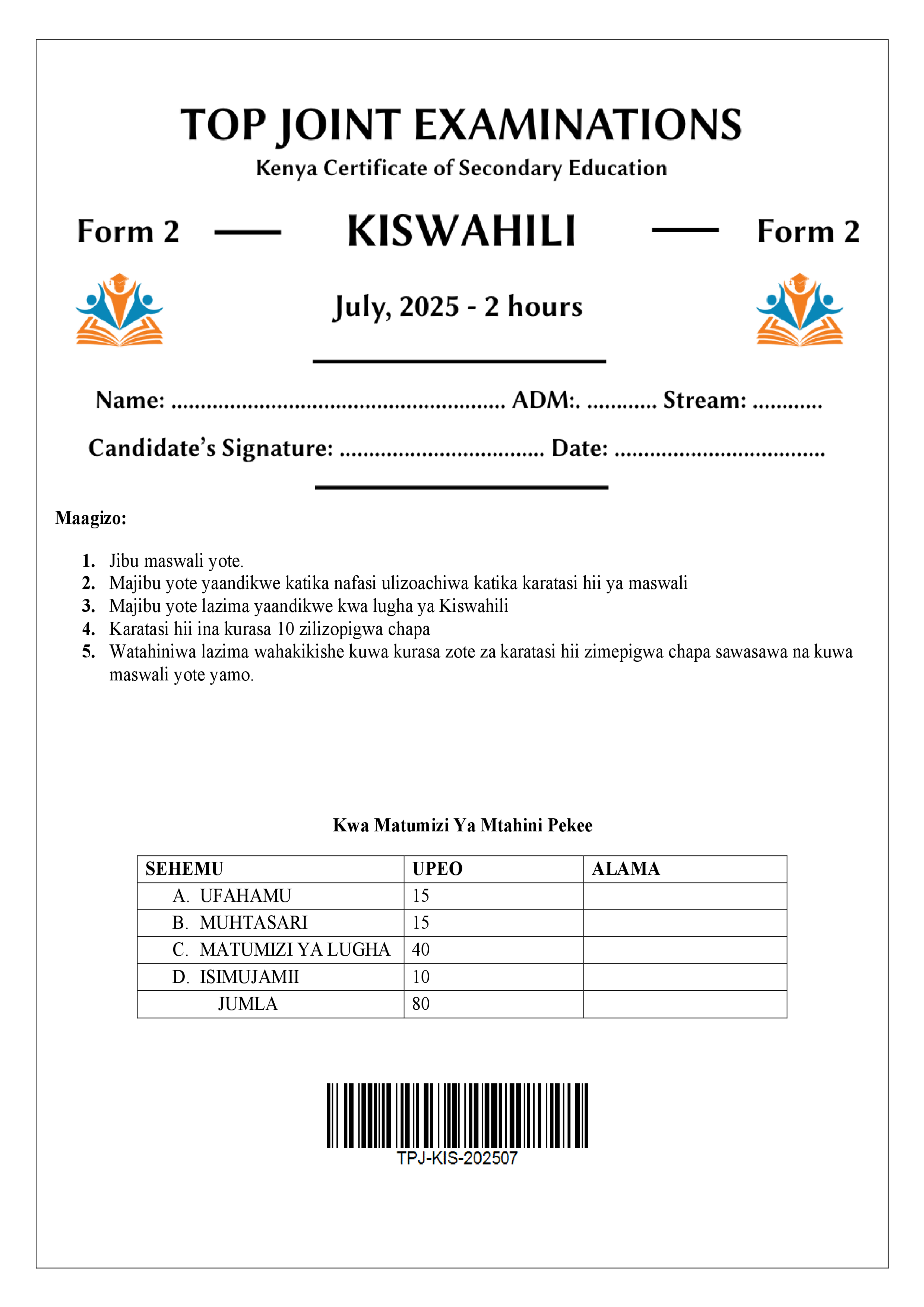 KISWAHILI FORM 2 END TERM 2 2025
