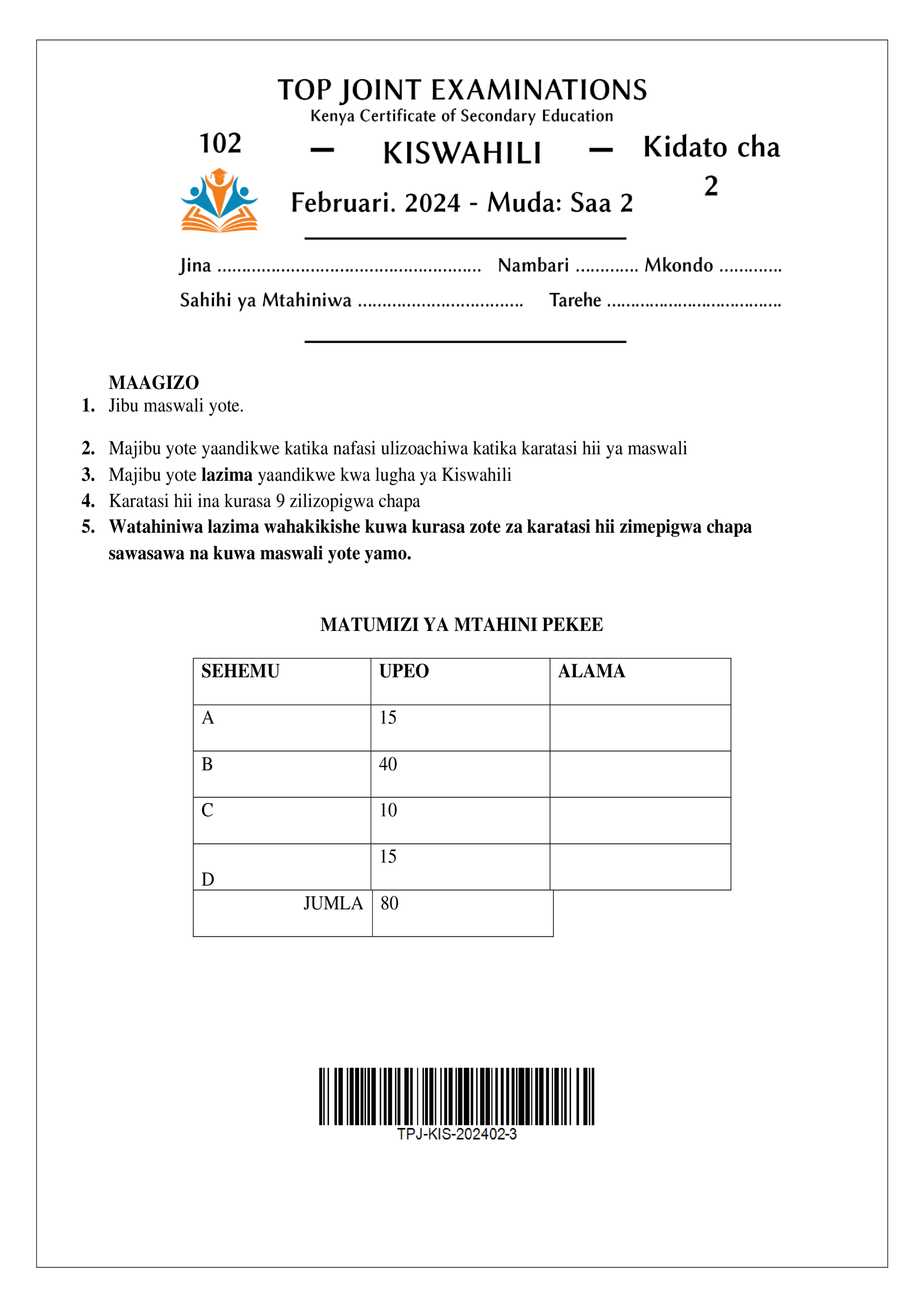 KISWAHILI KIDATO CHA PILI KATI YA MUHULA 1, 2024