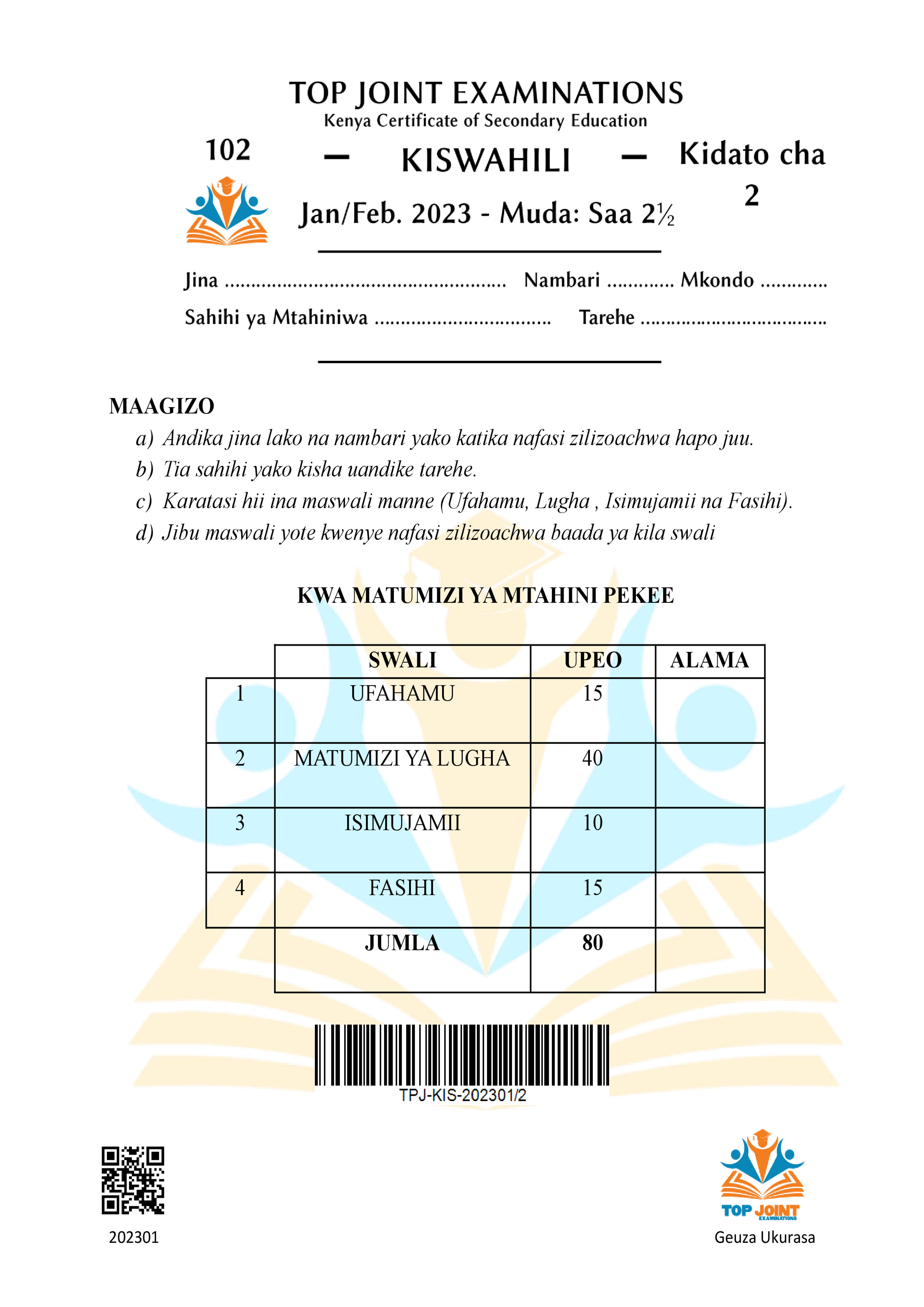 KISWAHILI KIDATO CHA PILI MWANZO WA MUHULA WA KWANZA