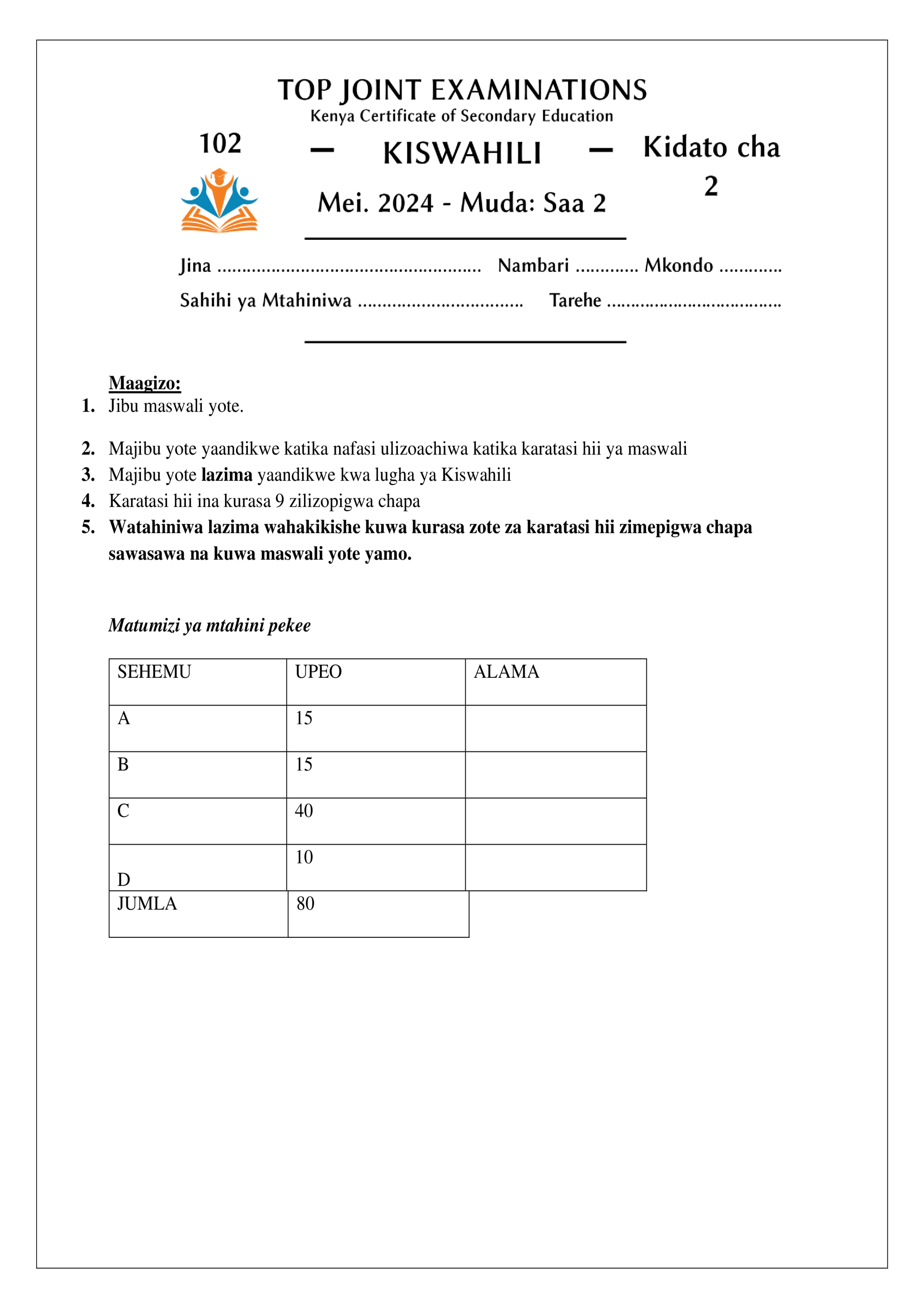 KISWAHILI KIDATO CHA PILI MWANZO WA MUHULA WA PILI 2024