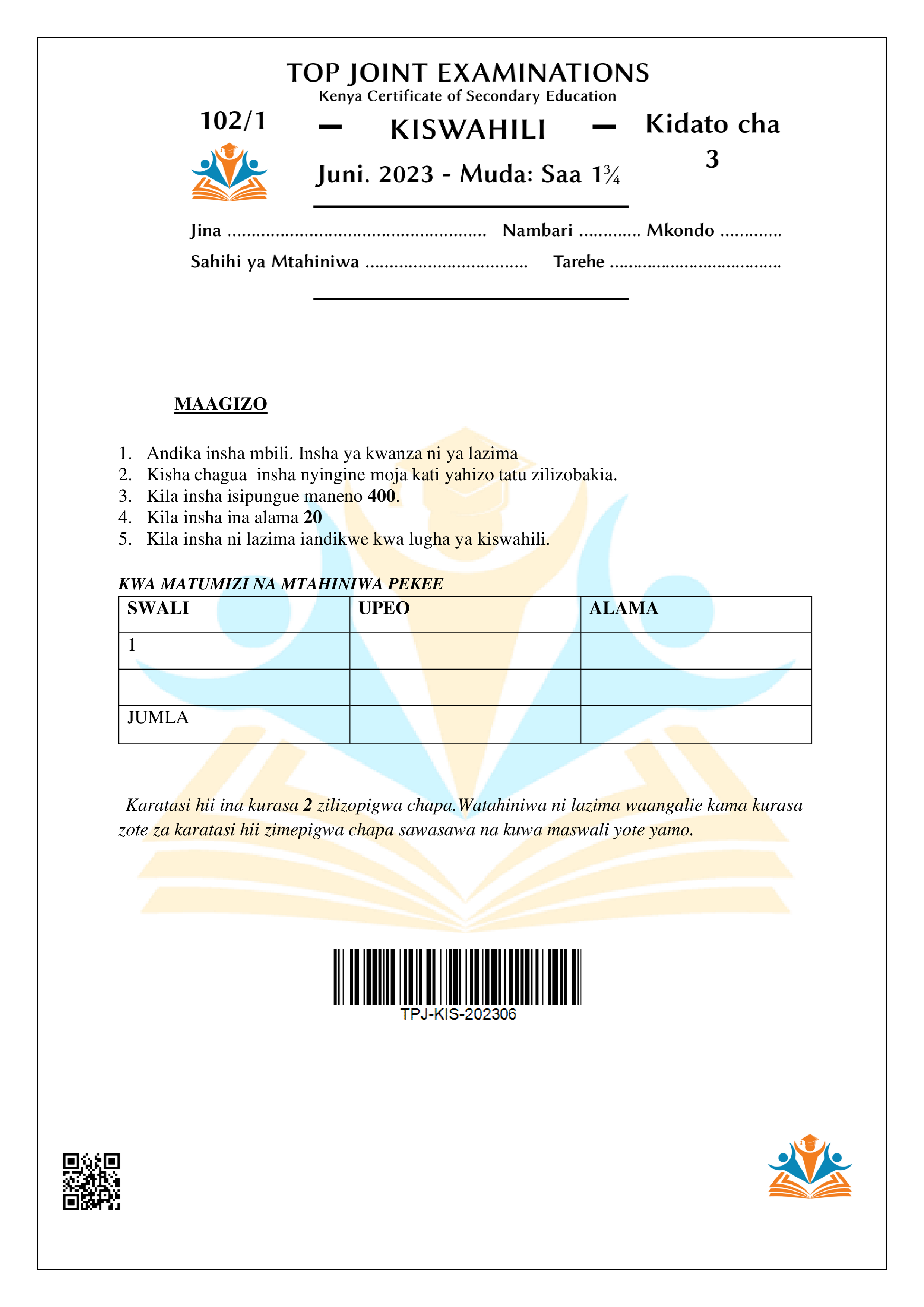 KISWAHILI KIDATO CHA TATU KATI YA MUHULA WA PILI 2023