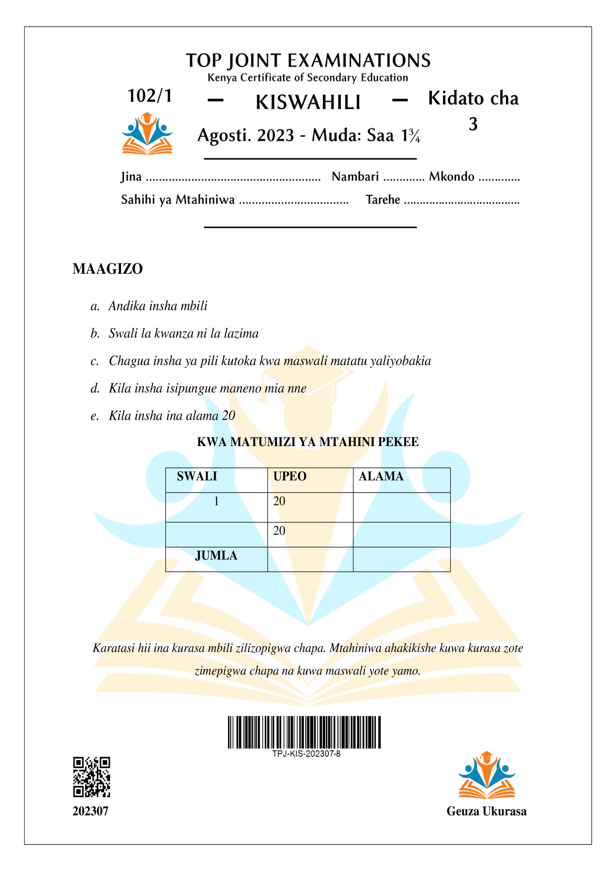 KISWAHILI KIDATO CHA TATU KARATASI YA KWANZA MWISHO WA MUHULA WA PILI 2023