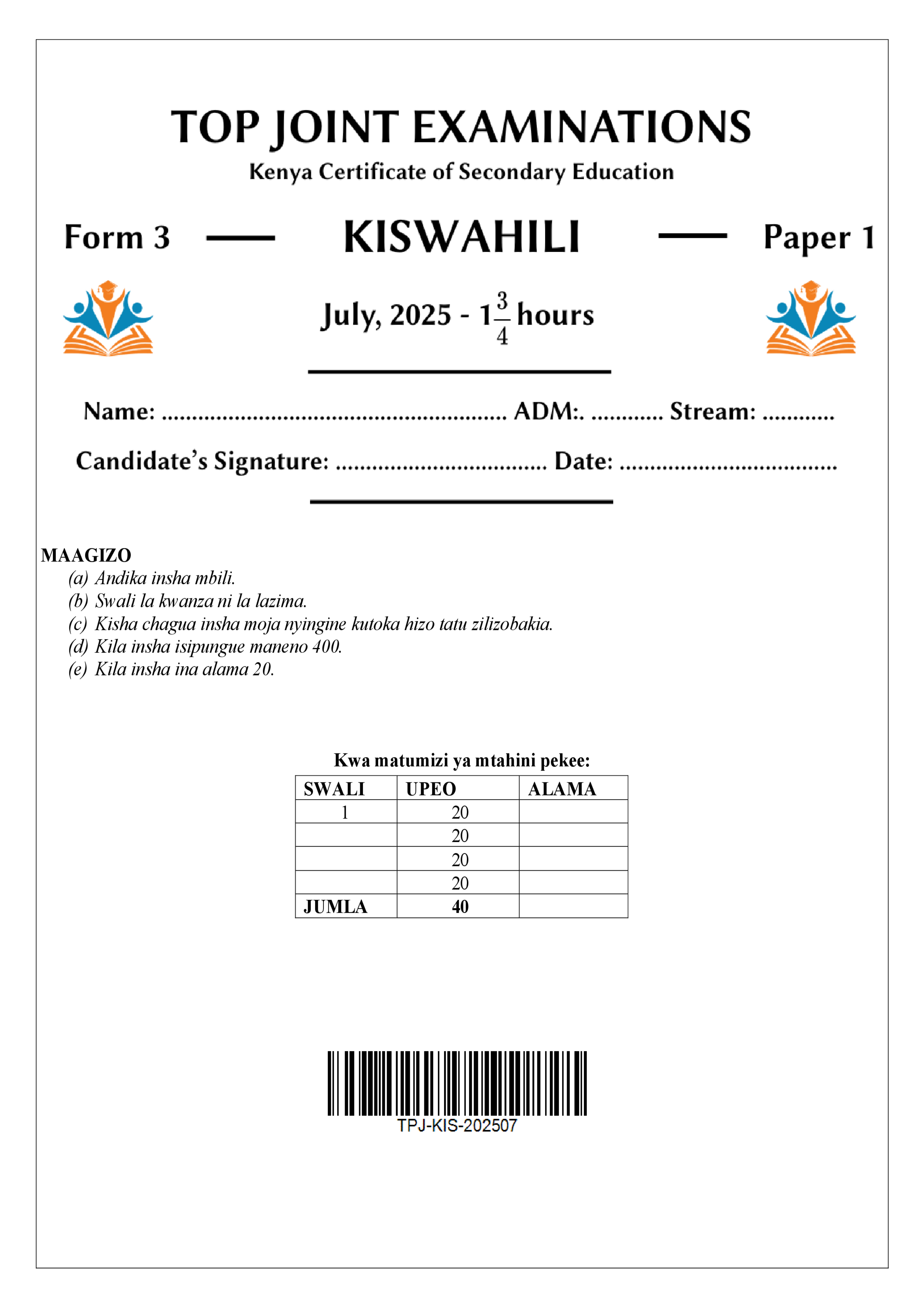 KISWAHILI FORM 3 PAPER 1 END TERM 2 2025
