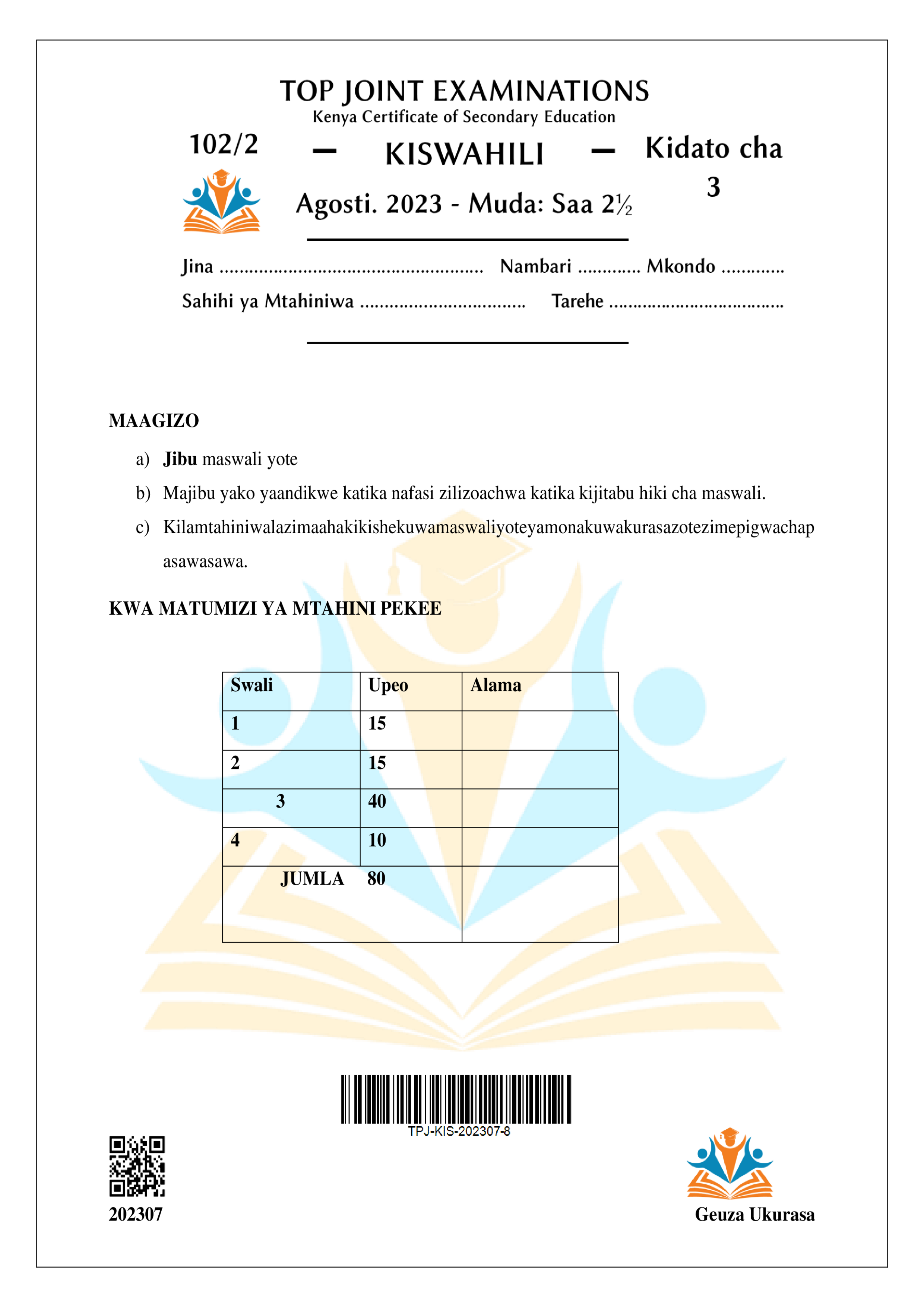 KISWAHILI KIDATO CHA TATU KARATASI YA PILI MWISHO WA MUHULA WA PILI 2023