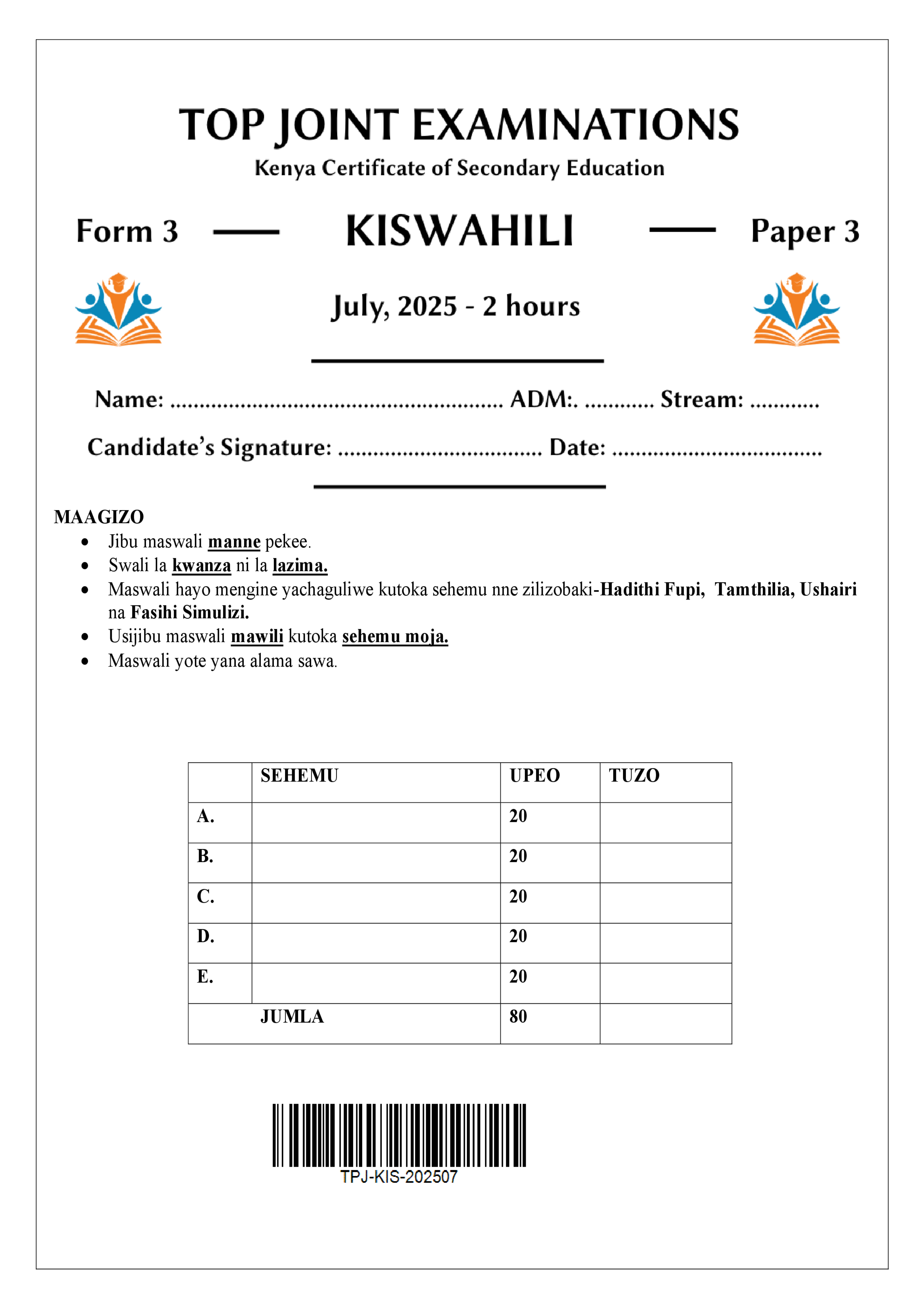 KISWAHILI FORM 3 PAPER 2 END TERM 2 2025