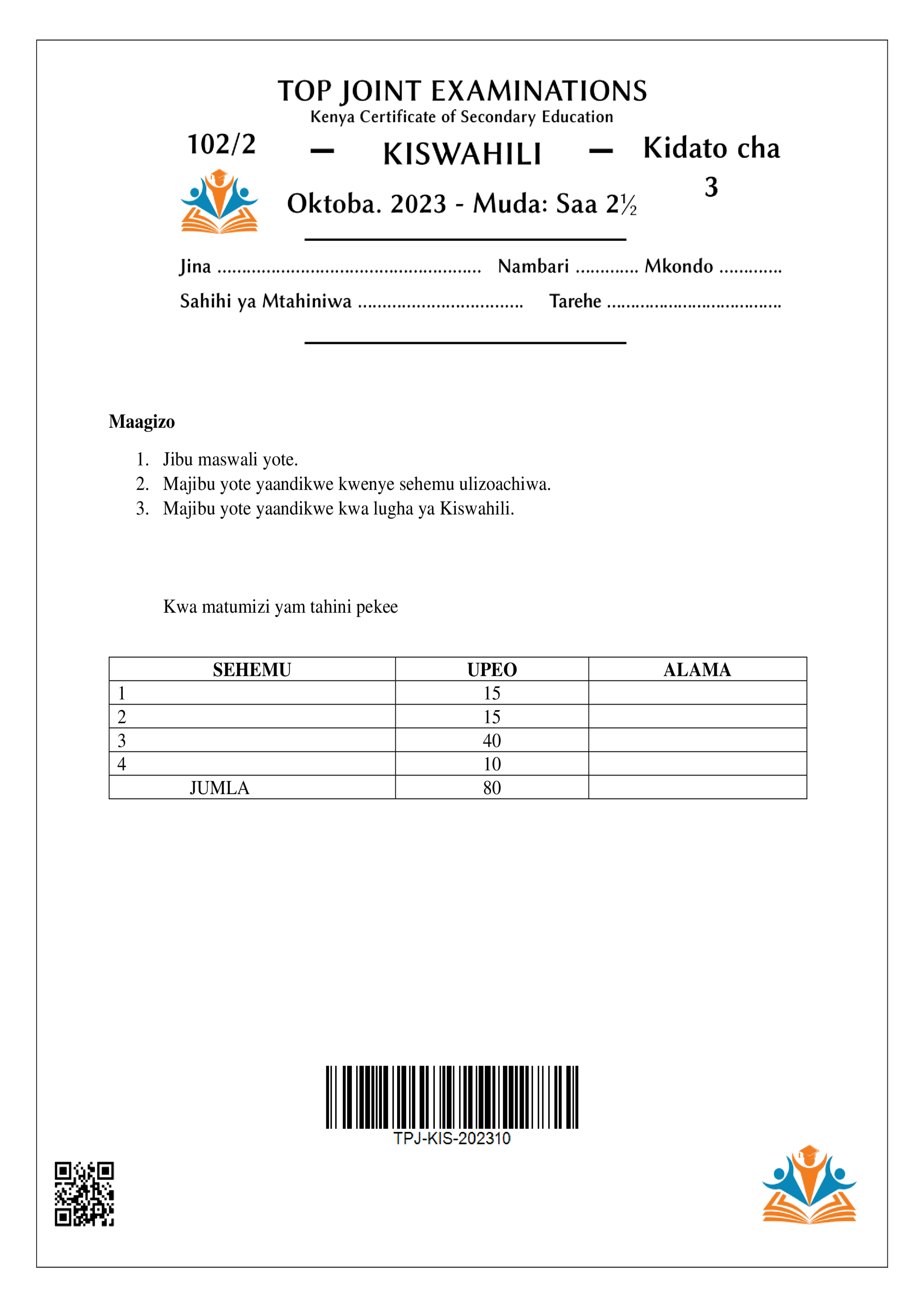 KISWAHILI KIDATO CHA TATU KARATASI YA PILI MWISHO WA MUHULA WA TATU 2023