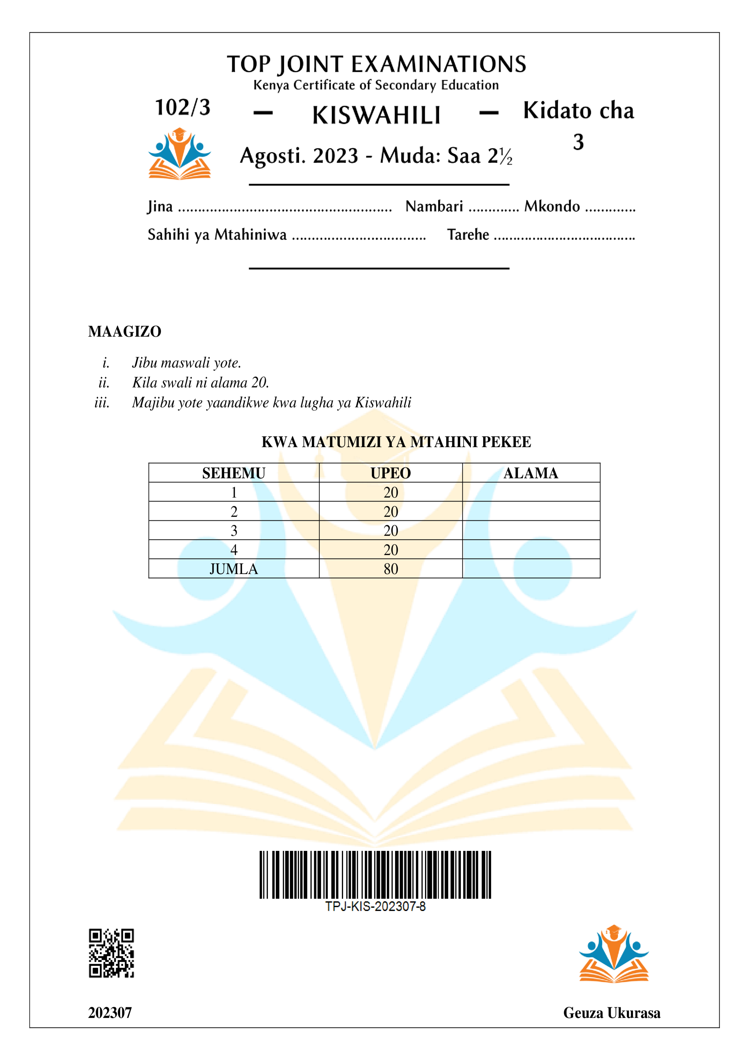 KISWAHILI KIDATO CHA TATU KARATASI YA TATU MWISHO WA MUHULA WA PILI 2023
