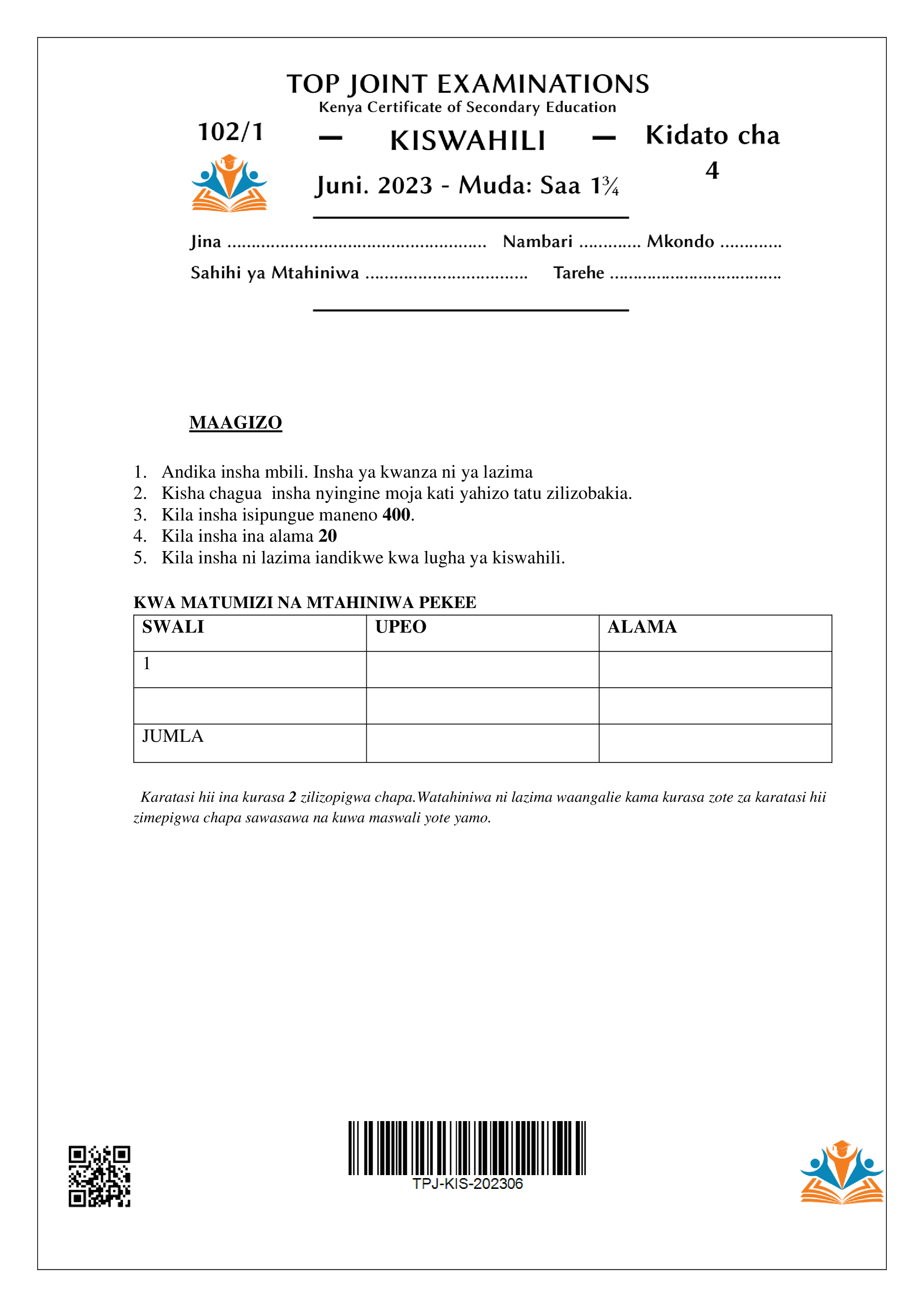 KISWAHILI KIDATO CHA NNE KARATASI YA KWANZA KATI YA MUHULA WA PILI 2023