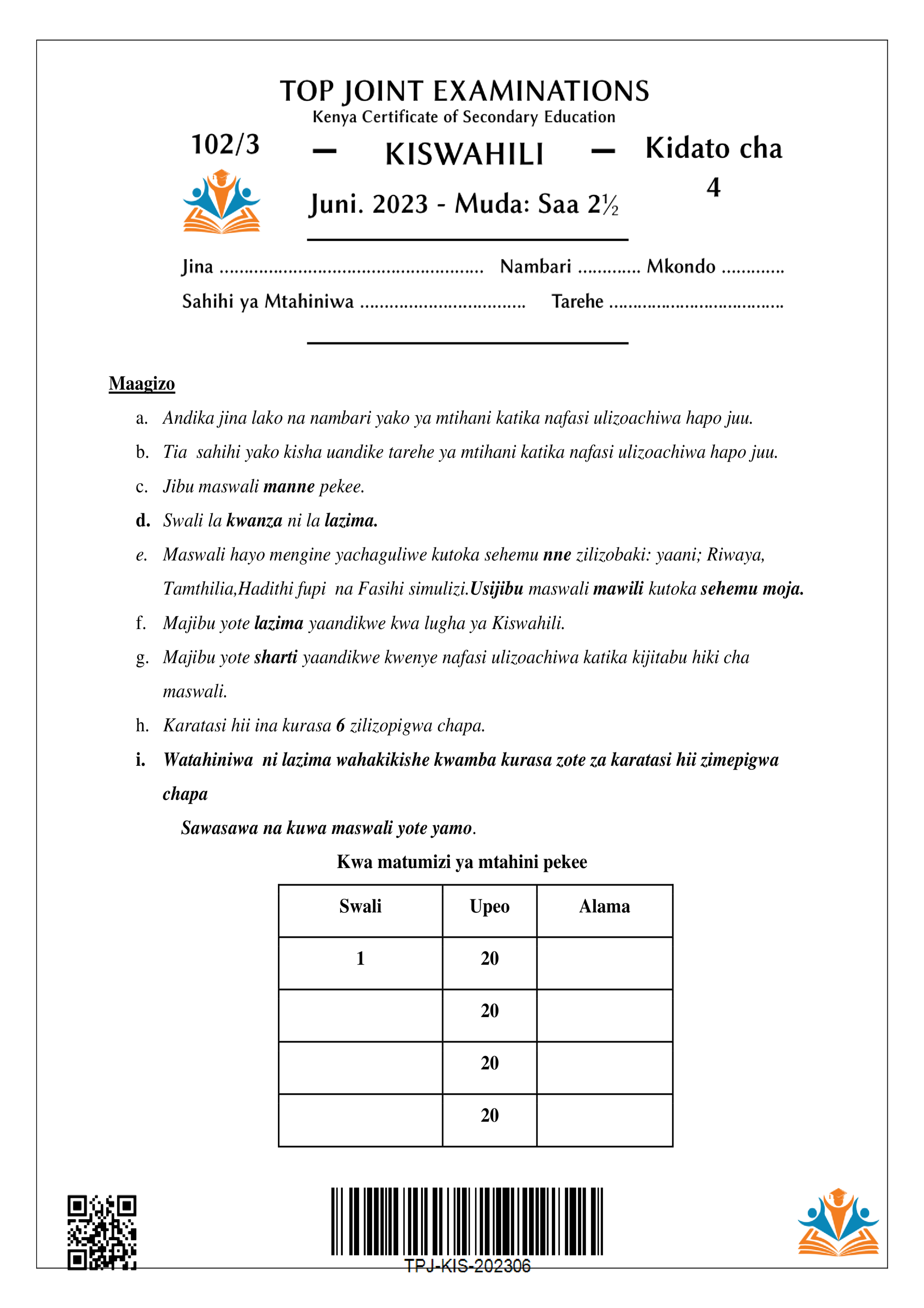 KISWAHILI KIDATO CHA NNE KARATASI YA TATU KATI YA MUHULA WA PILI 2023