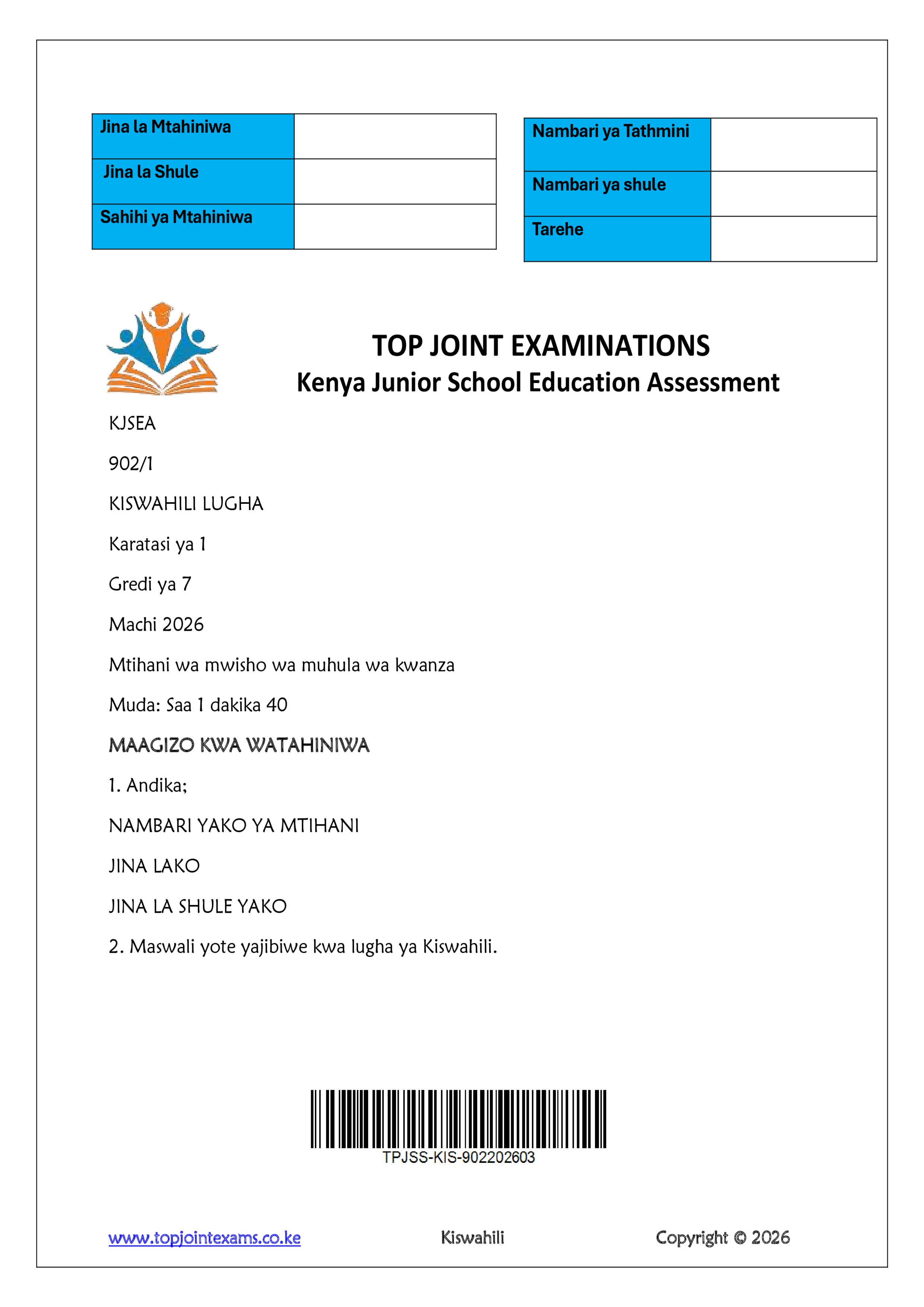 KISWAHILI GRADE 7 PAPER 1 END TERM 1 2026