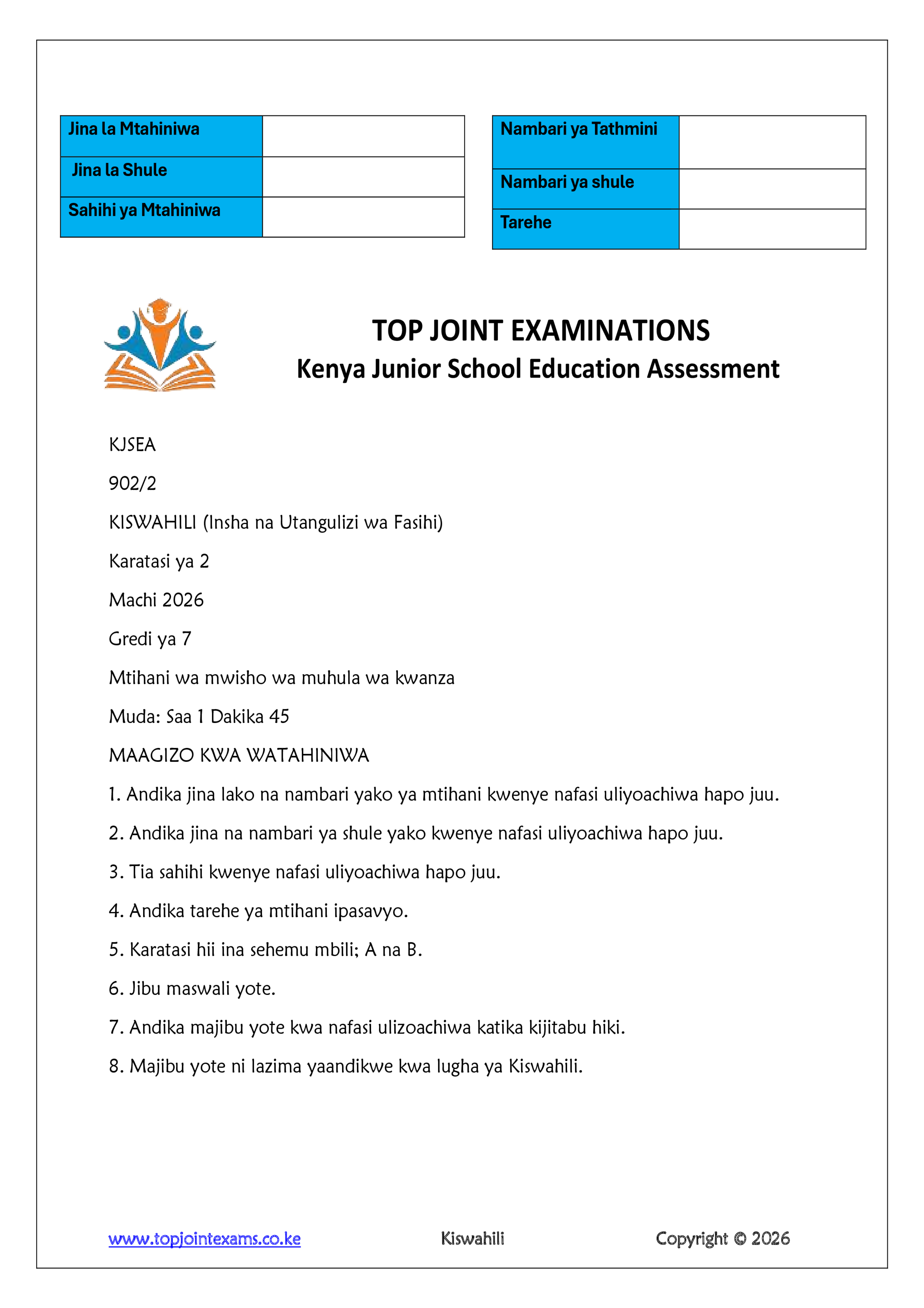 KISWAHILI GRADE 7 PAPER 2 END TERM 1 2026