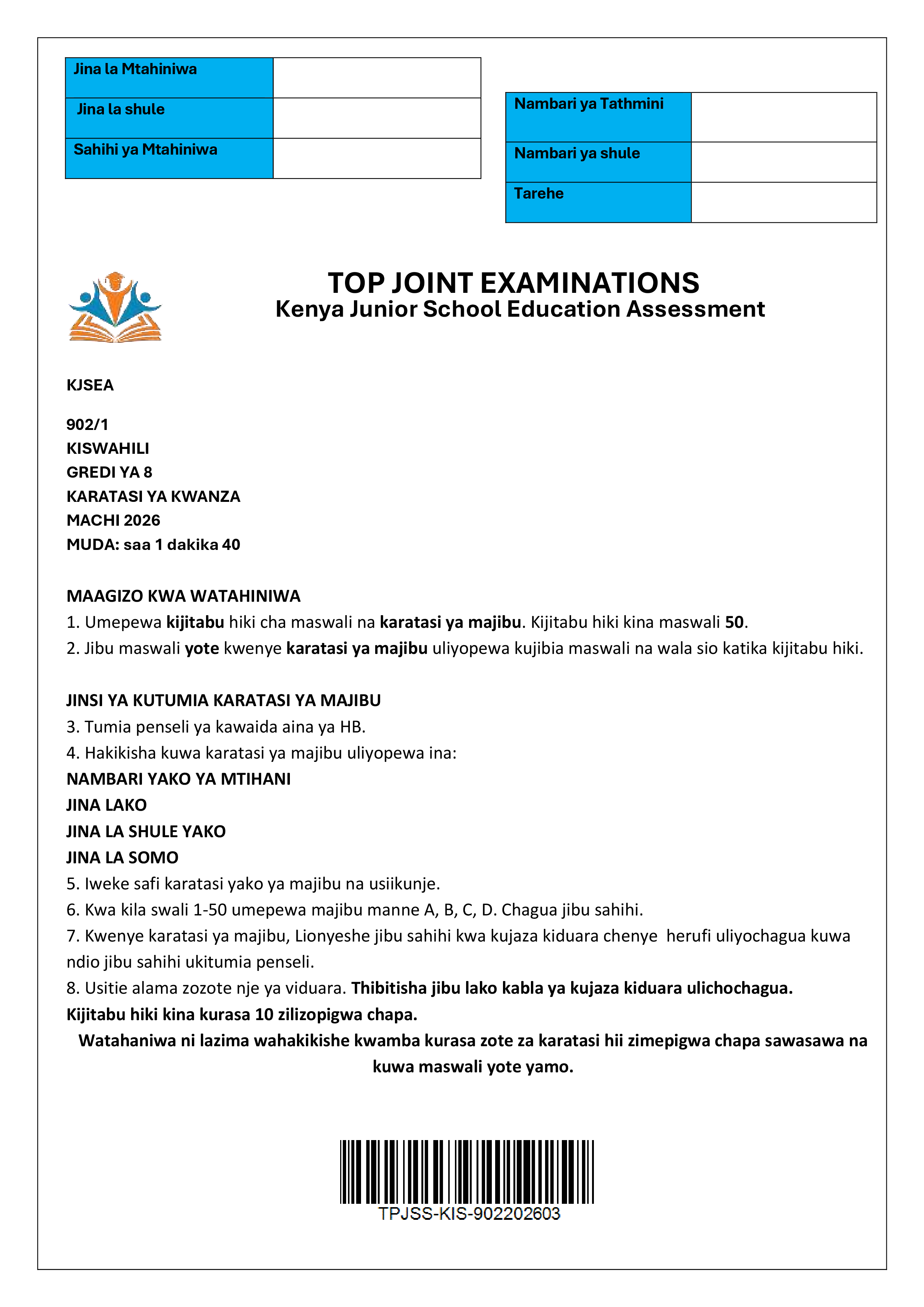KISWAHILI GRADE 8 PAPER 1 END TERM 1 2026