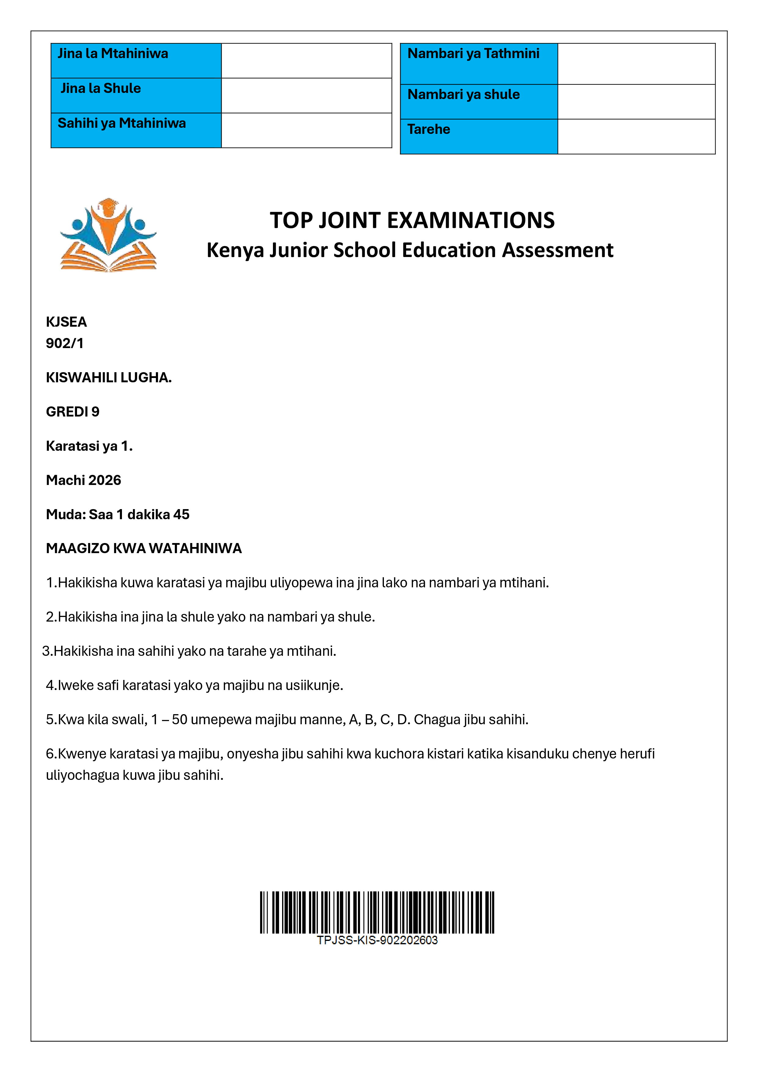 KISWAHILI GRADE 9 PAPER 1 END TERM 1 2026