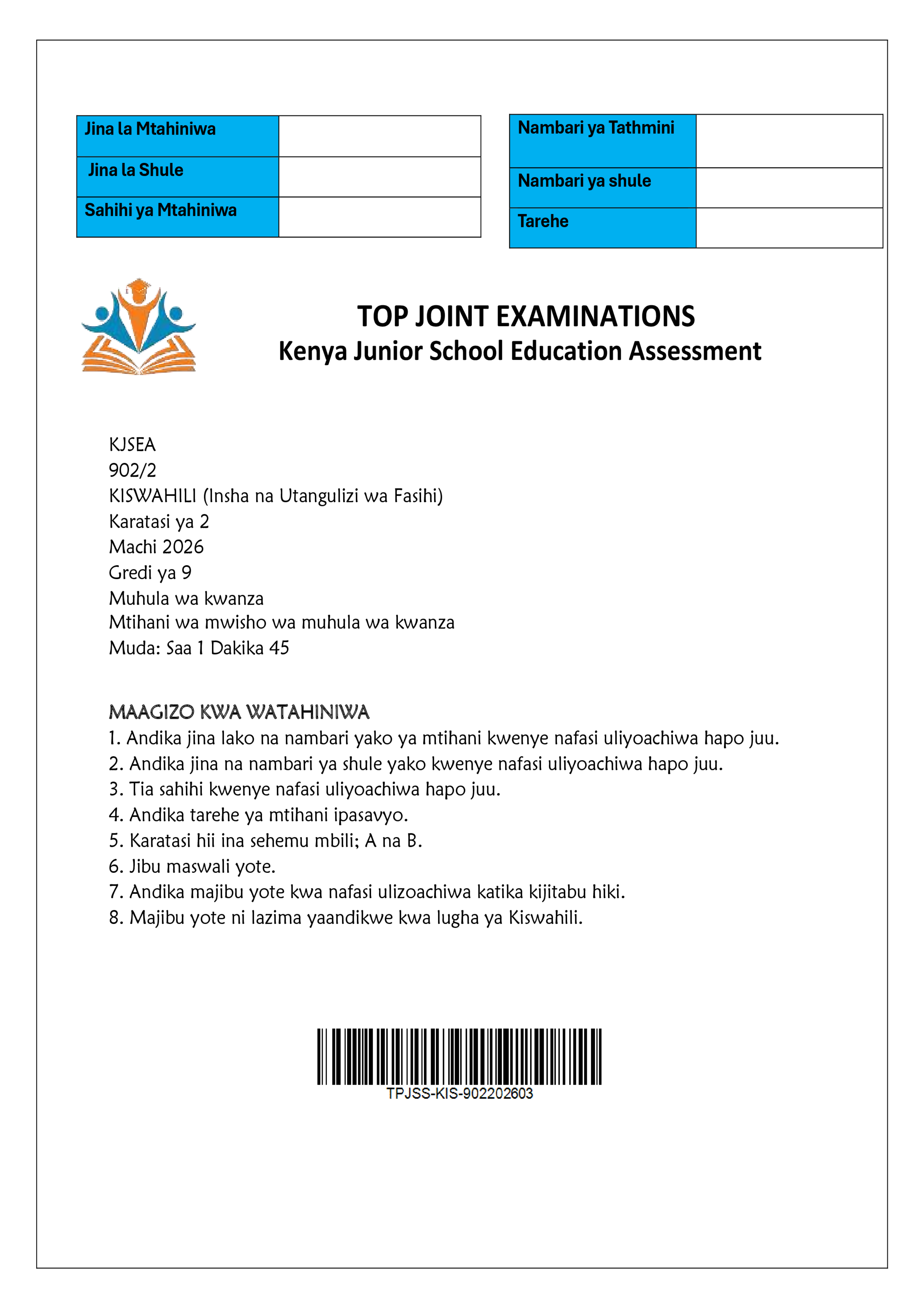 KISWAHILI GRADE 9 PAPER 2 END TERM 1 2026
