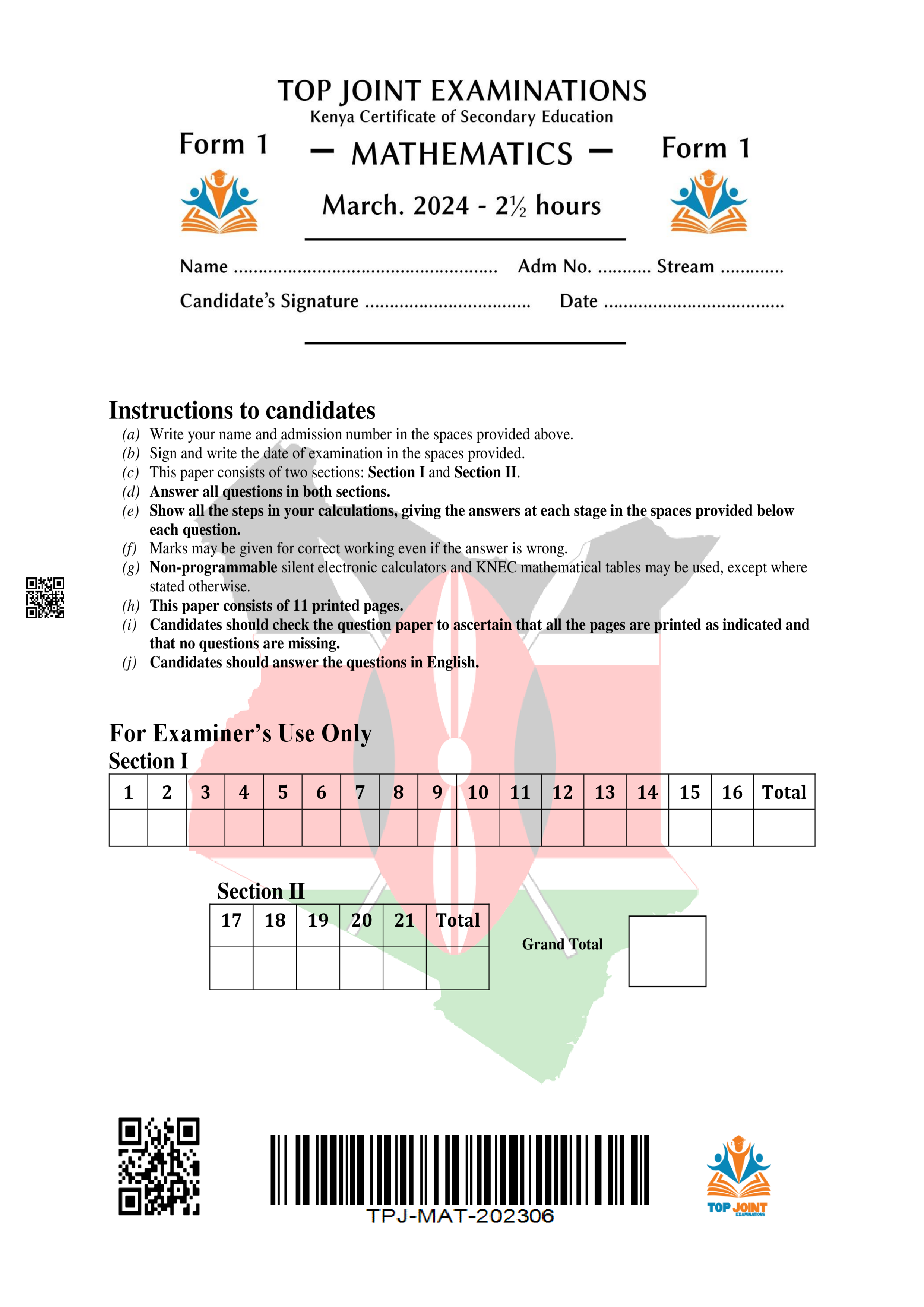 MATHEMATICS FORM 1 END TERM 1 2024