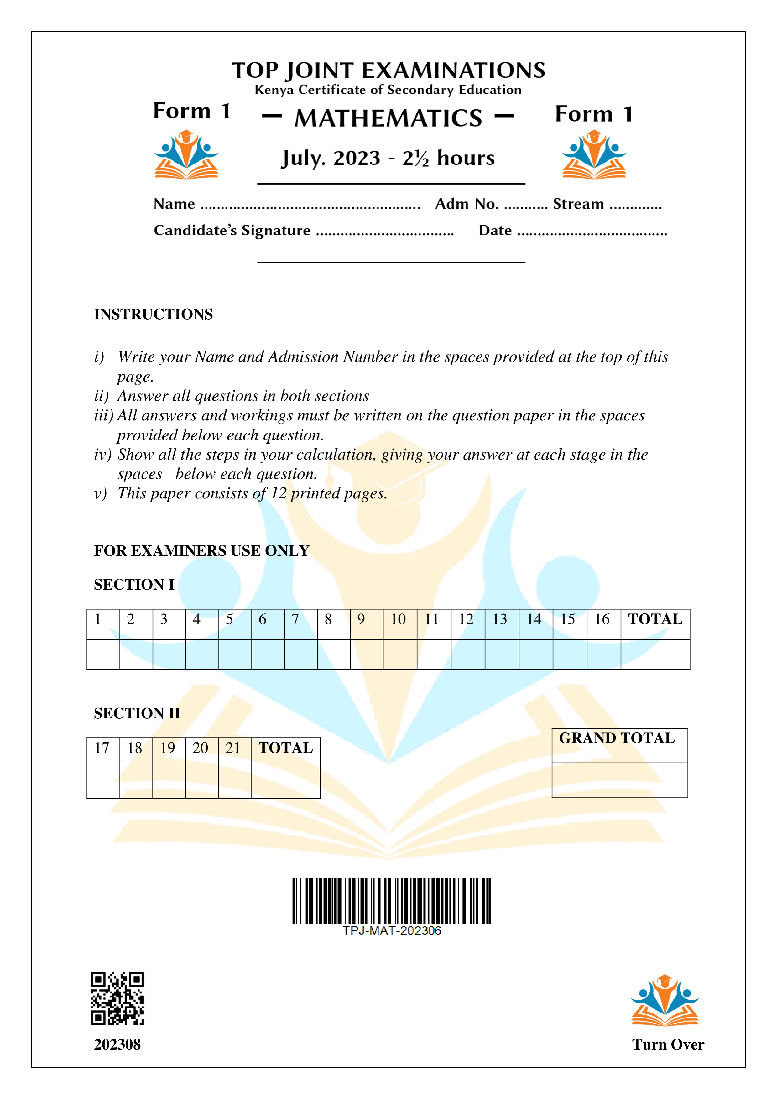 MATHEMATICS FORM 1 END TERM 2 2023