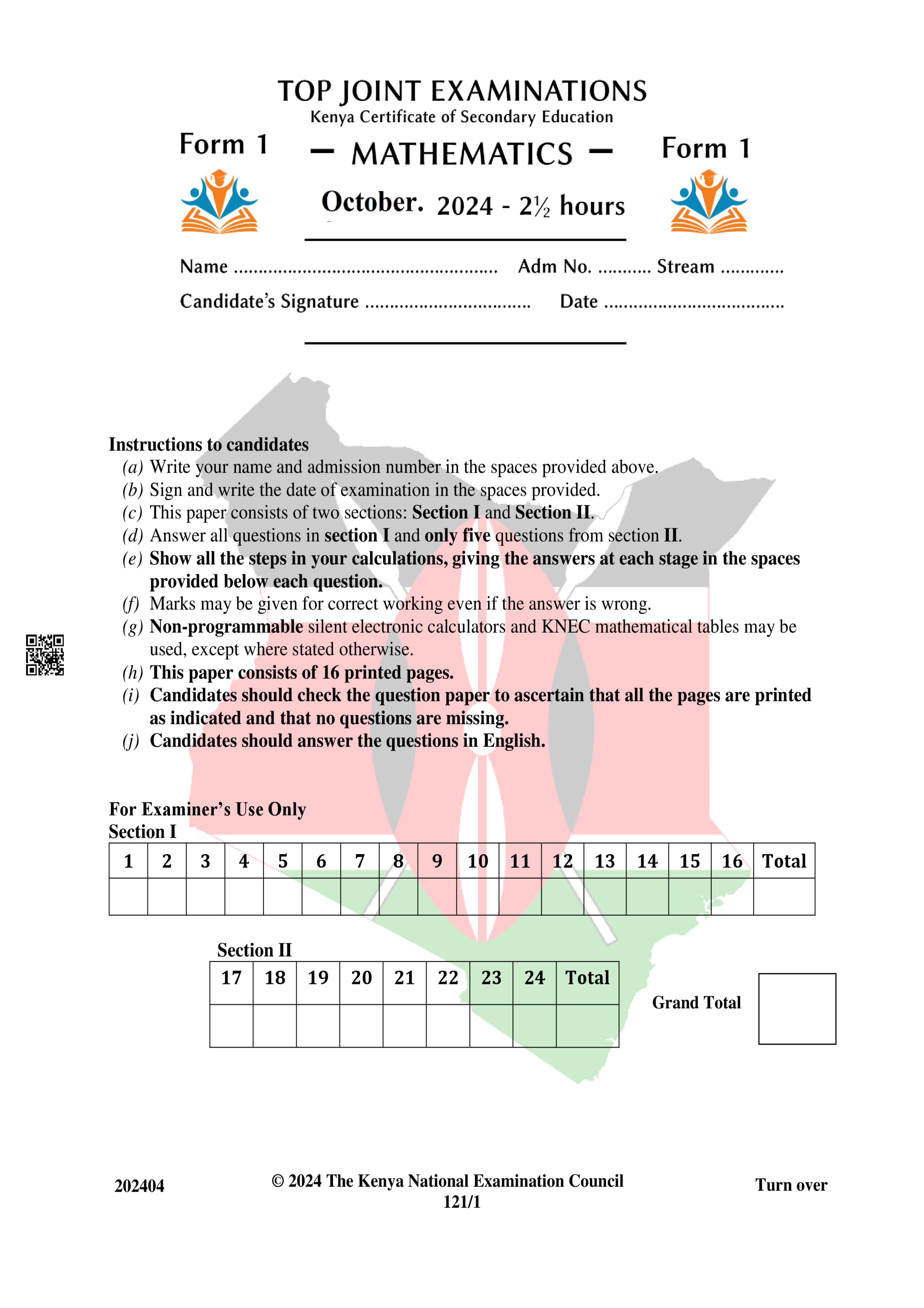 MATHEMATICS FORM 1 END TERM 3 2024