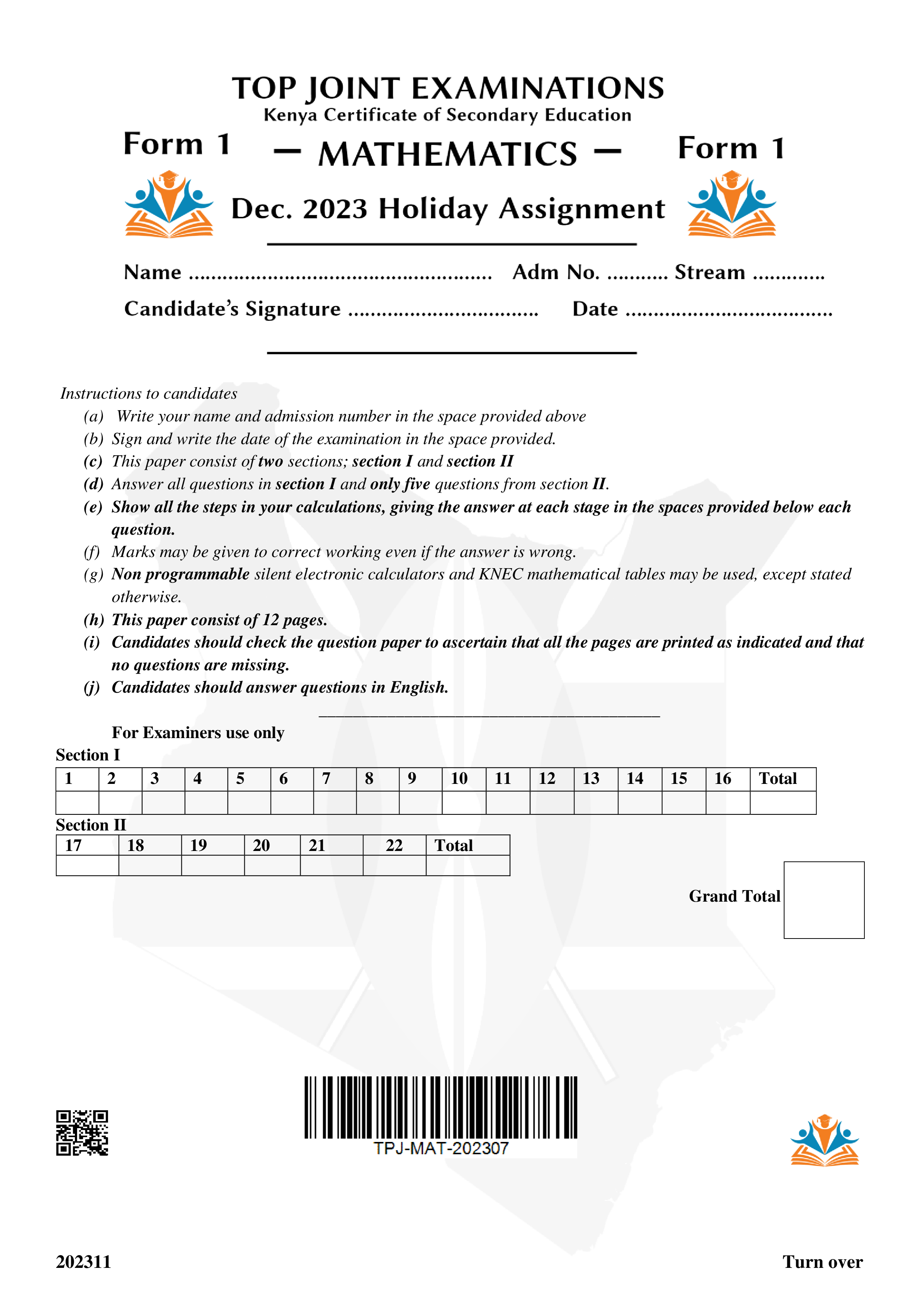 MATHEMATICS FORM 1 NOV-DEC HOLIDAY ASSIGNMENT 2023
