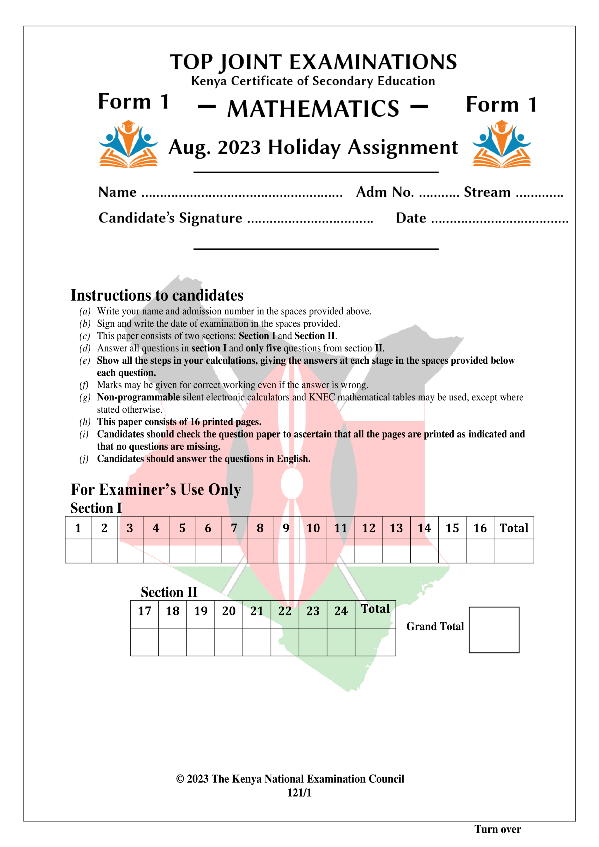 MATHEMATICS FORM 1 AUGUST 2023 HOLIDAY ASSIGNMENT