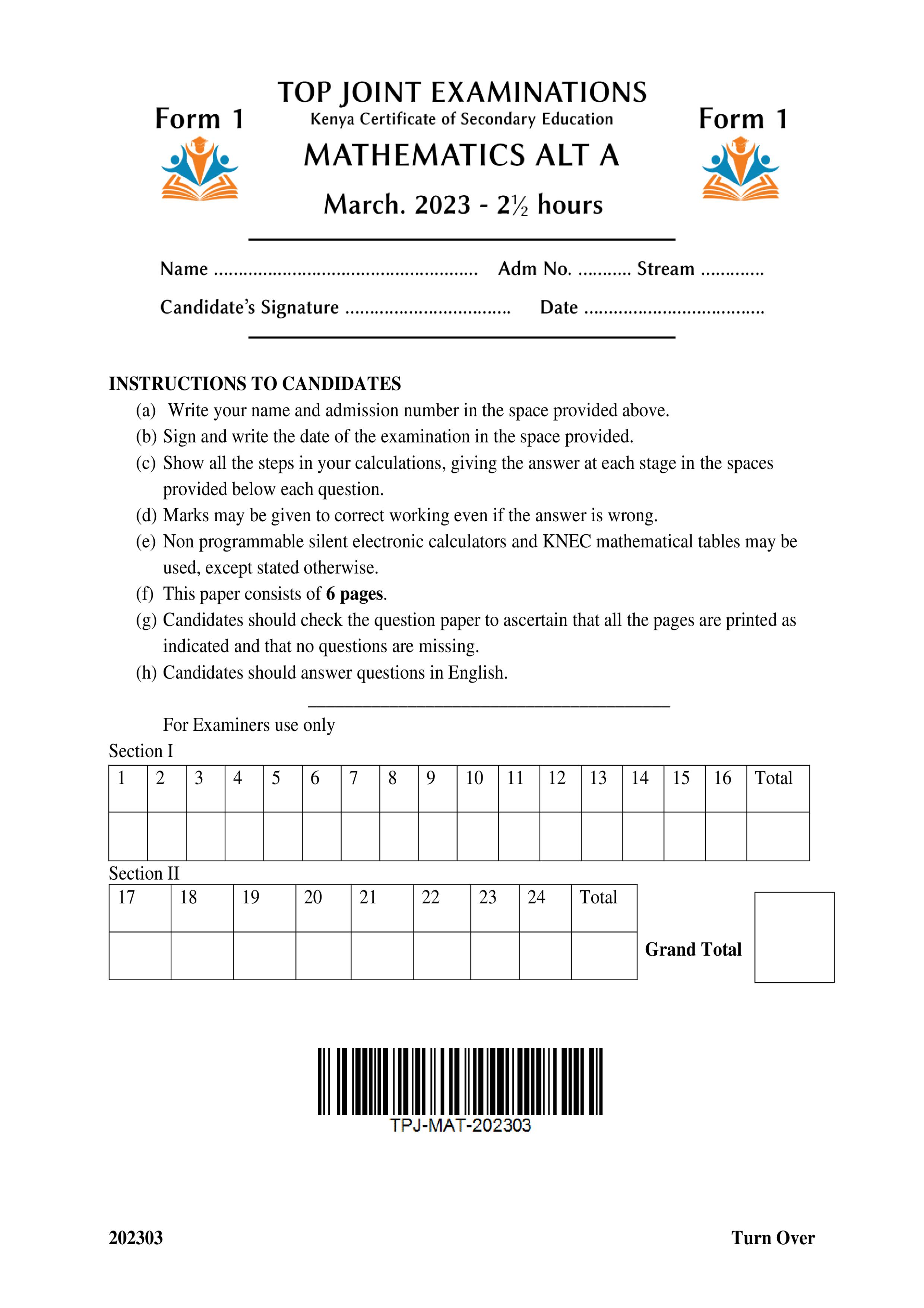 MATHEMATICS FORM 1 MID TERM 1 2023
