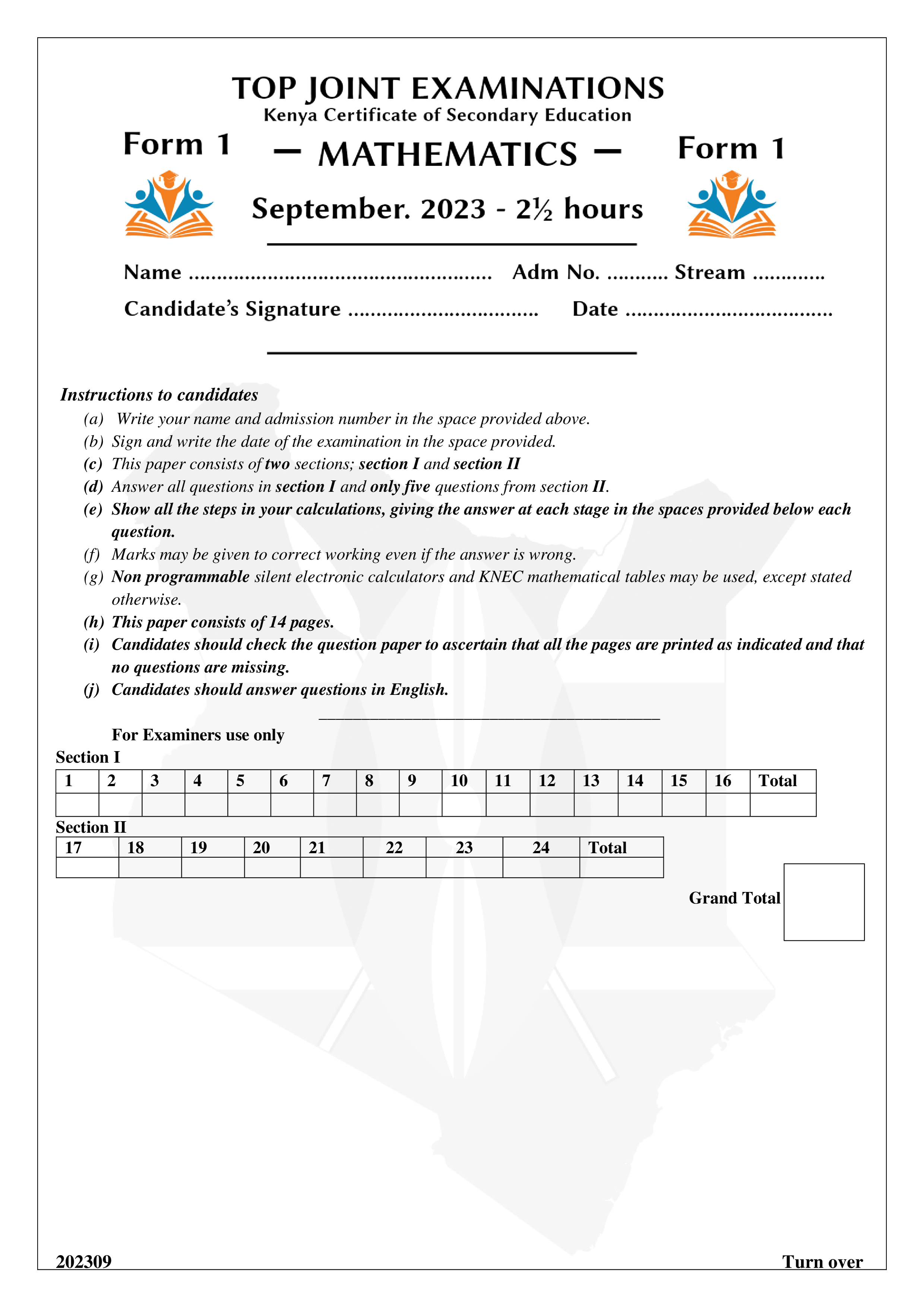 MATHEMATICS FORM 1 OPENER TERM 3 2023