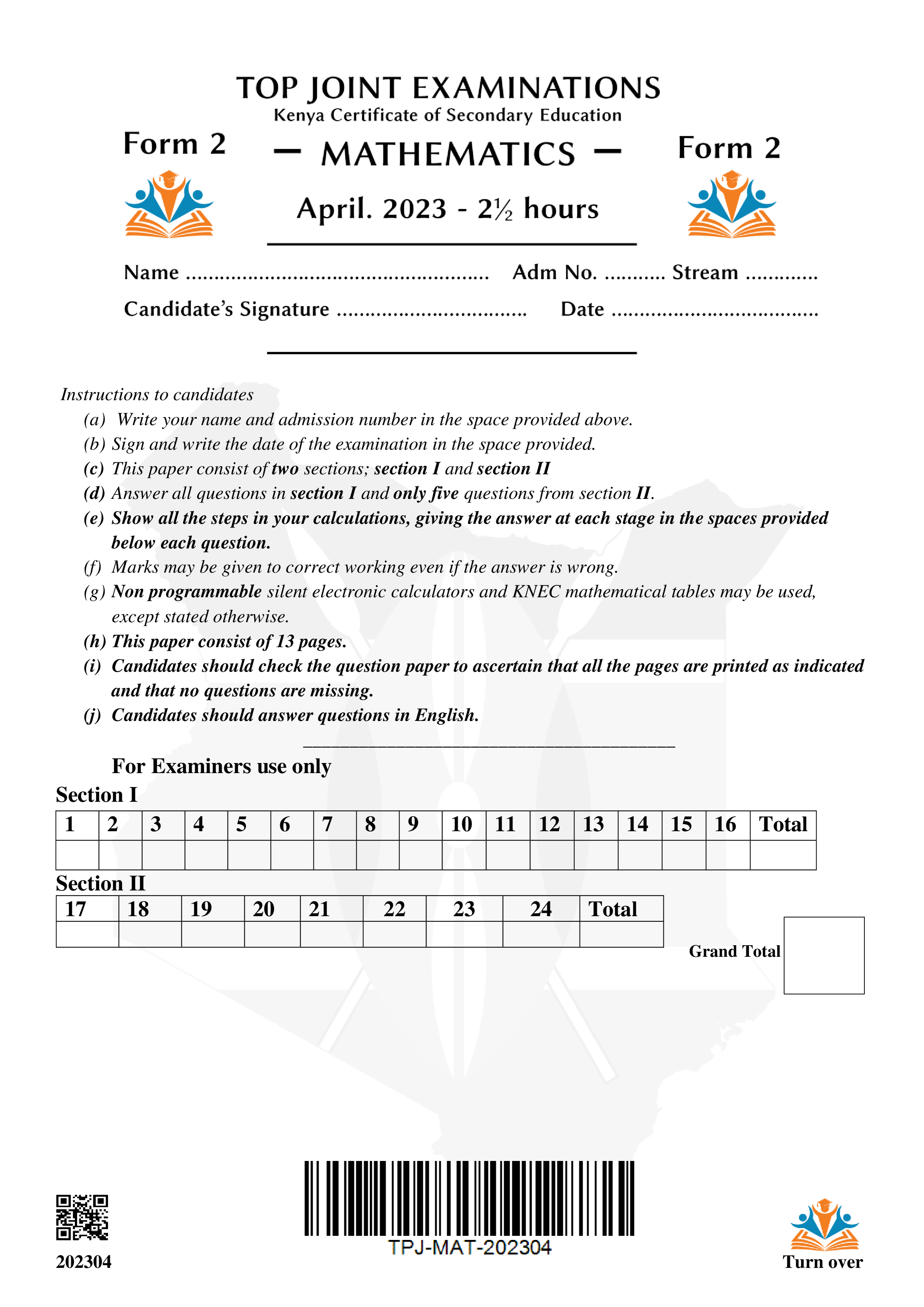 MATHEMATICS FORM 2 END TERM 1 2023