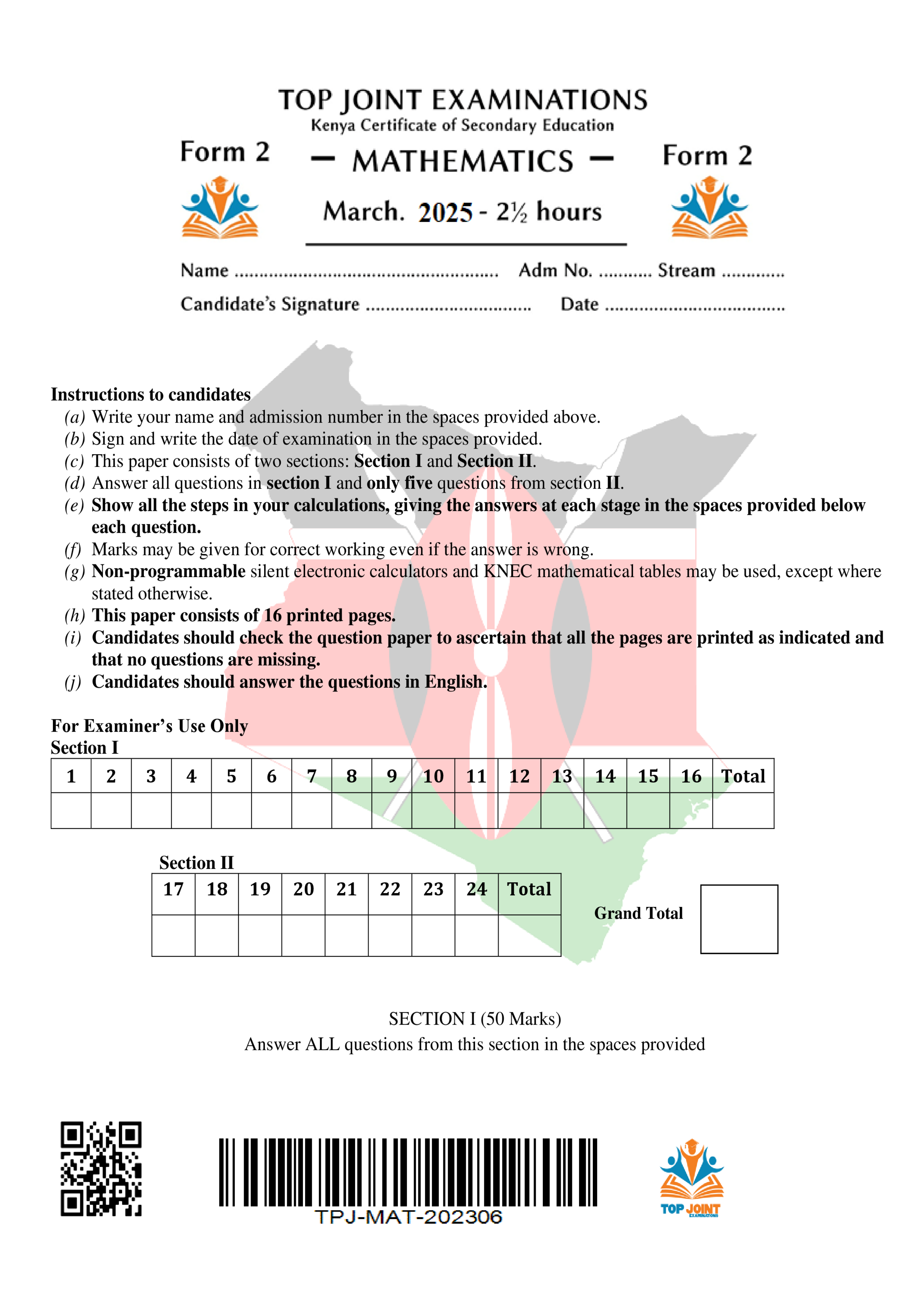 MATHEMATICS FORM 2 END TERM 1 2025