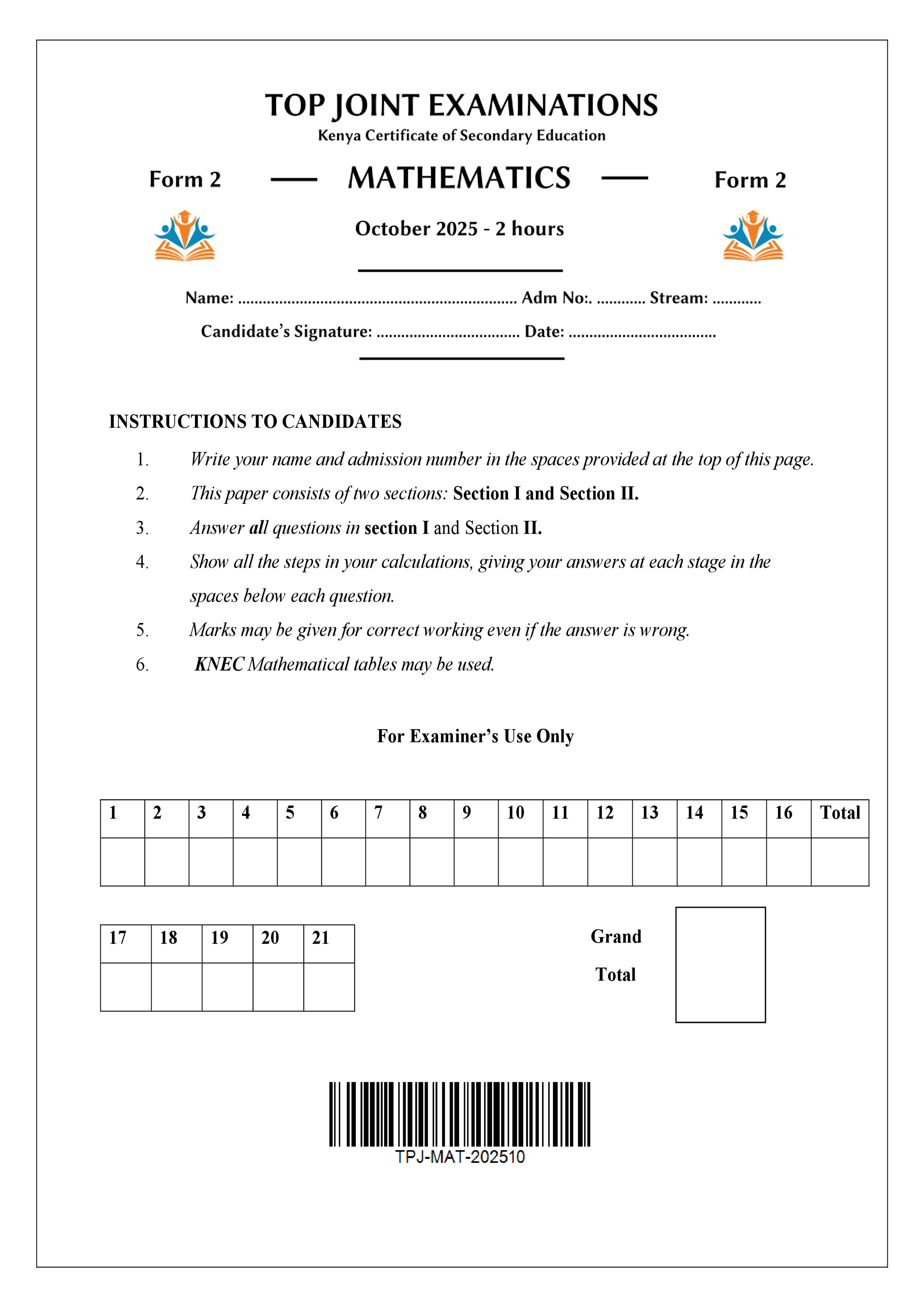 MATHEMATICS FORM 2 END TERM 3 2025