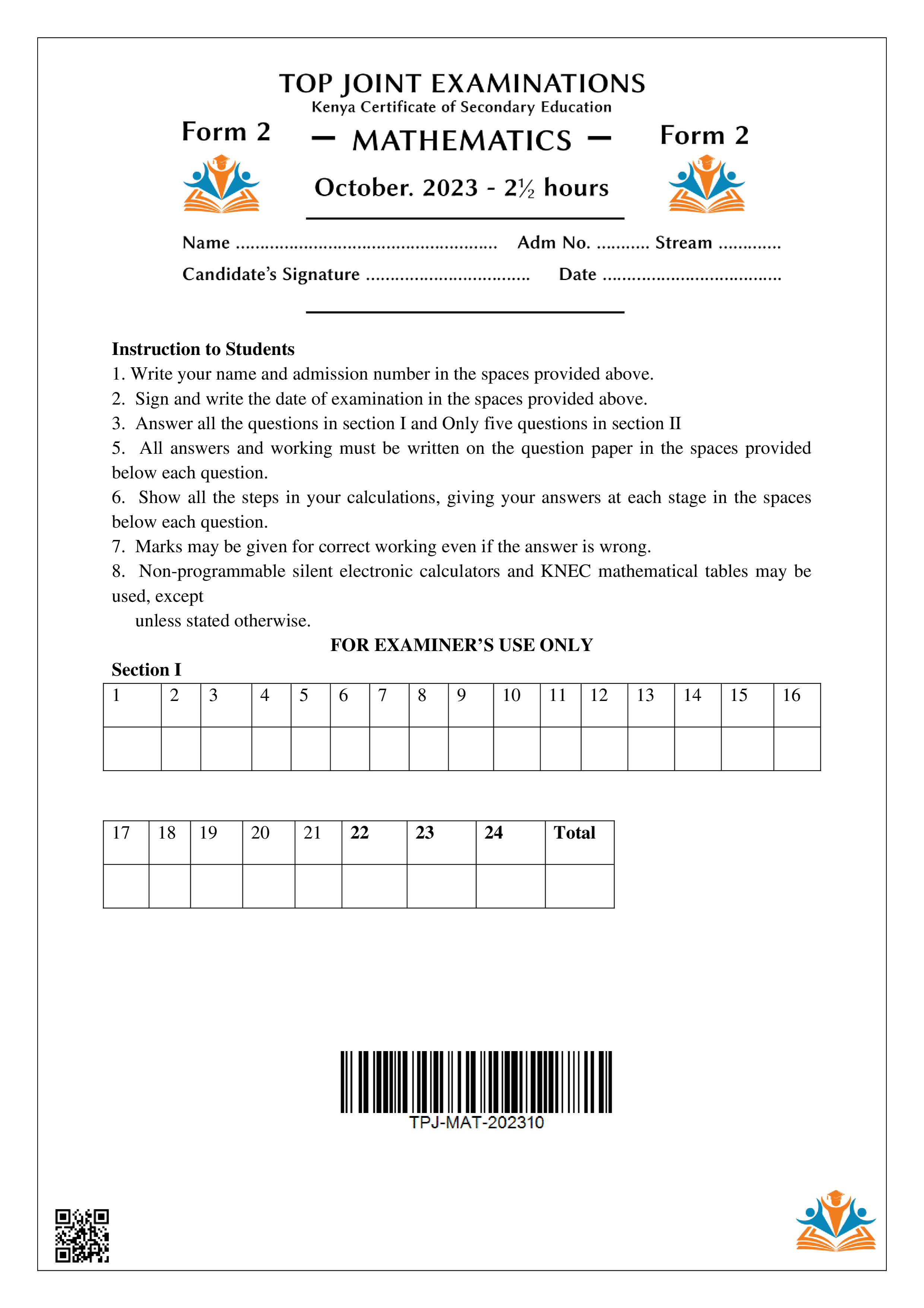 MATHEMATICS FORM 2 END TERM 3 2023