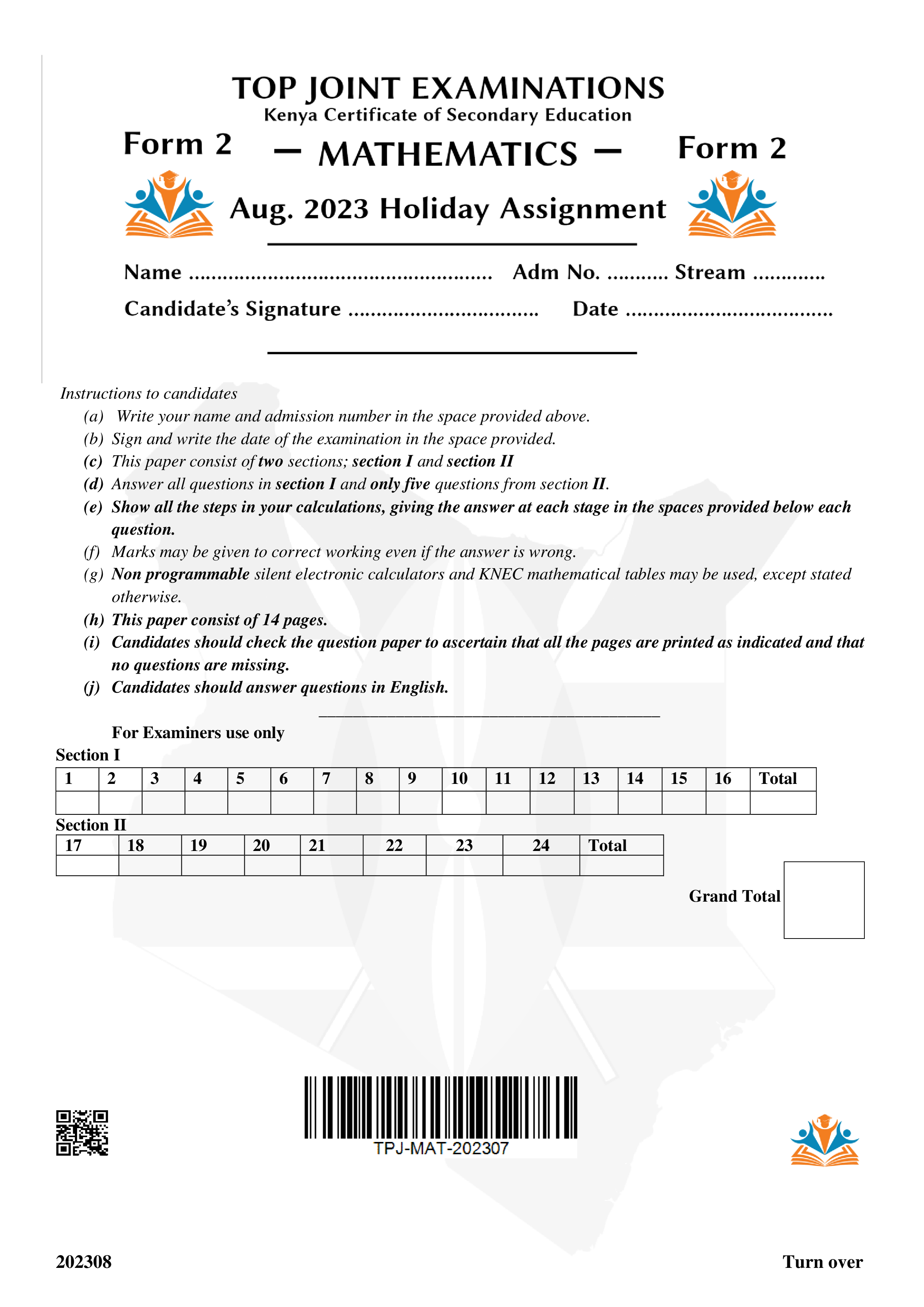 MATHEMATICS FORM 2 AUGUST 2023 HOLIDAY ASSIGNMENT