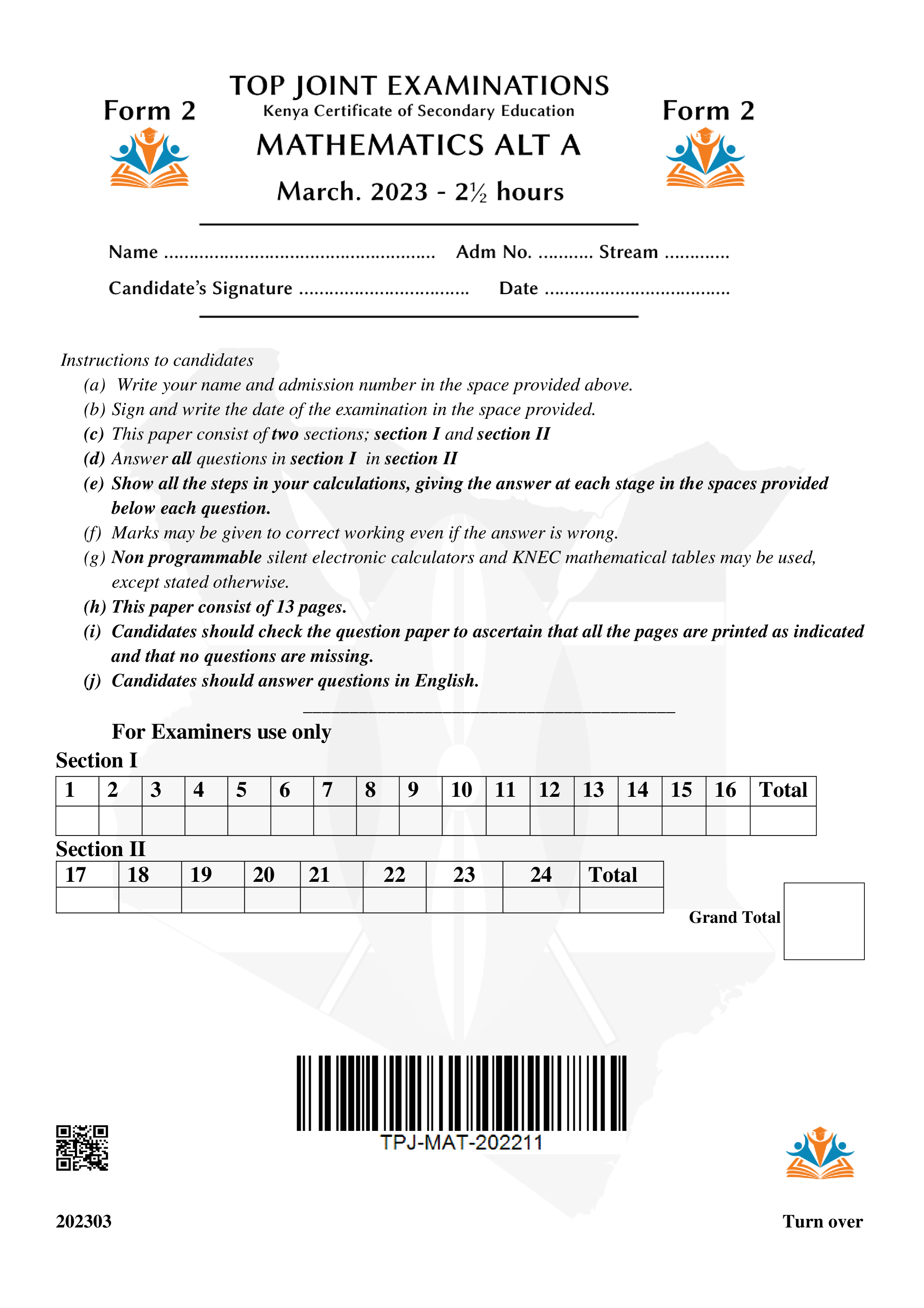 MATHEMATICS FORM 2 MID TERM 1 2023