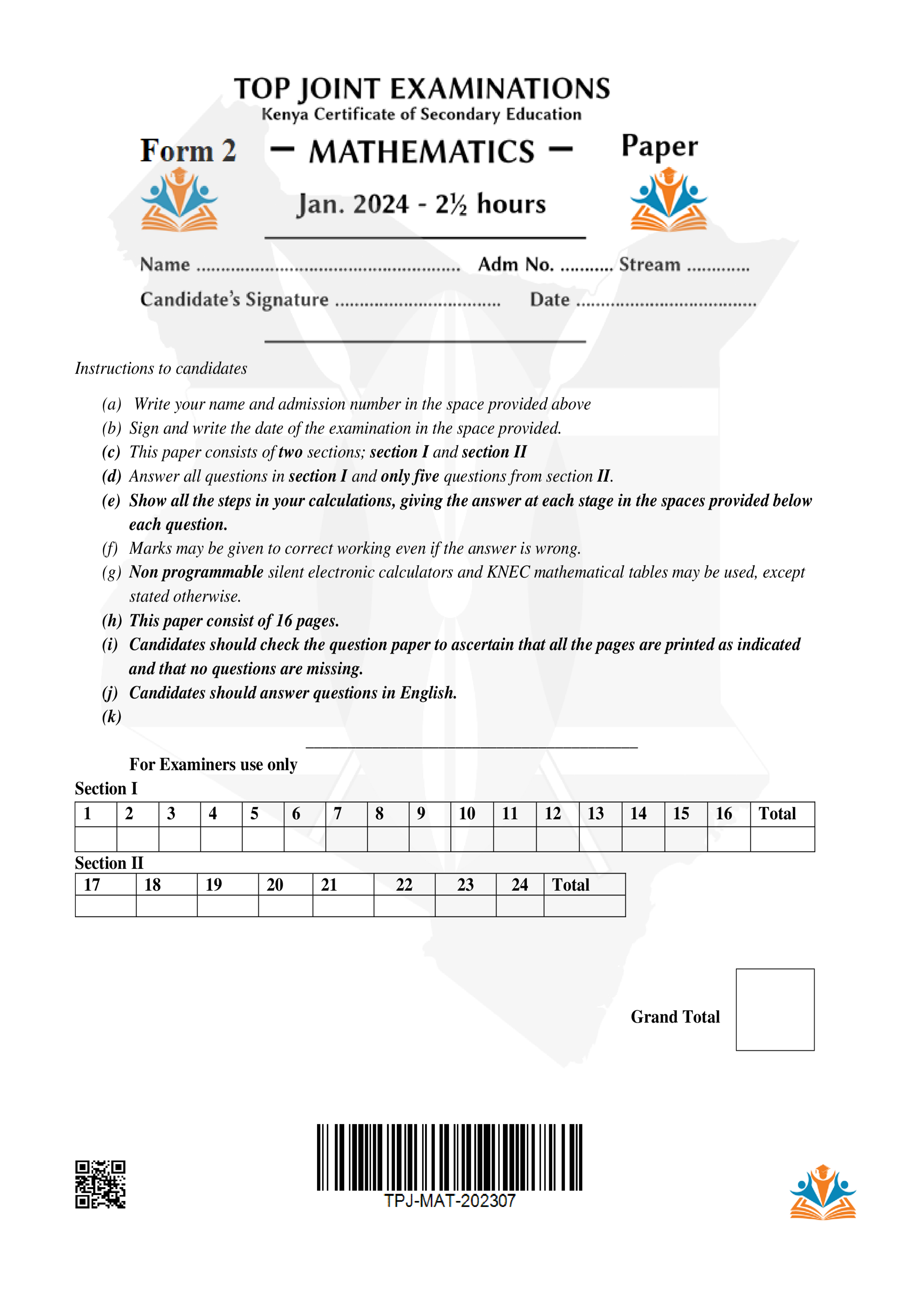 MATHEMATICS FORM 2 OPENER TERM 1 2024