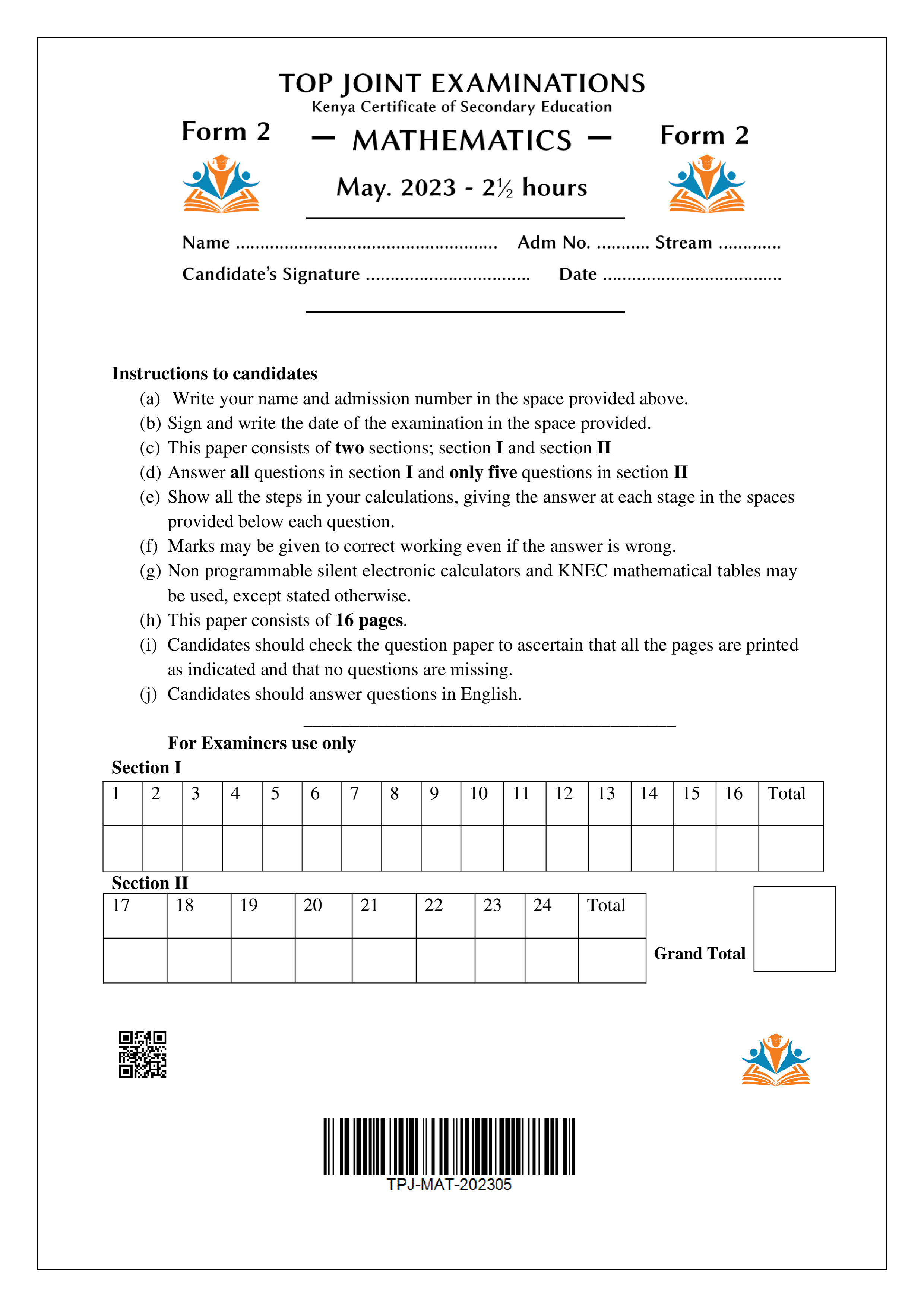 MATHEMATICS FORM 2 OPENER TERM 2 2023