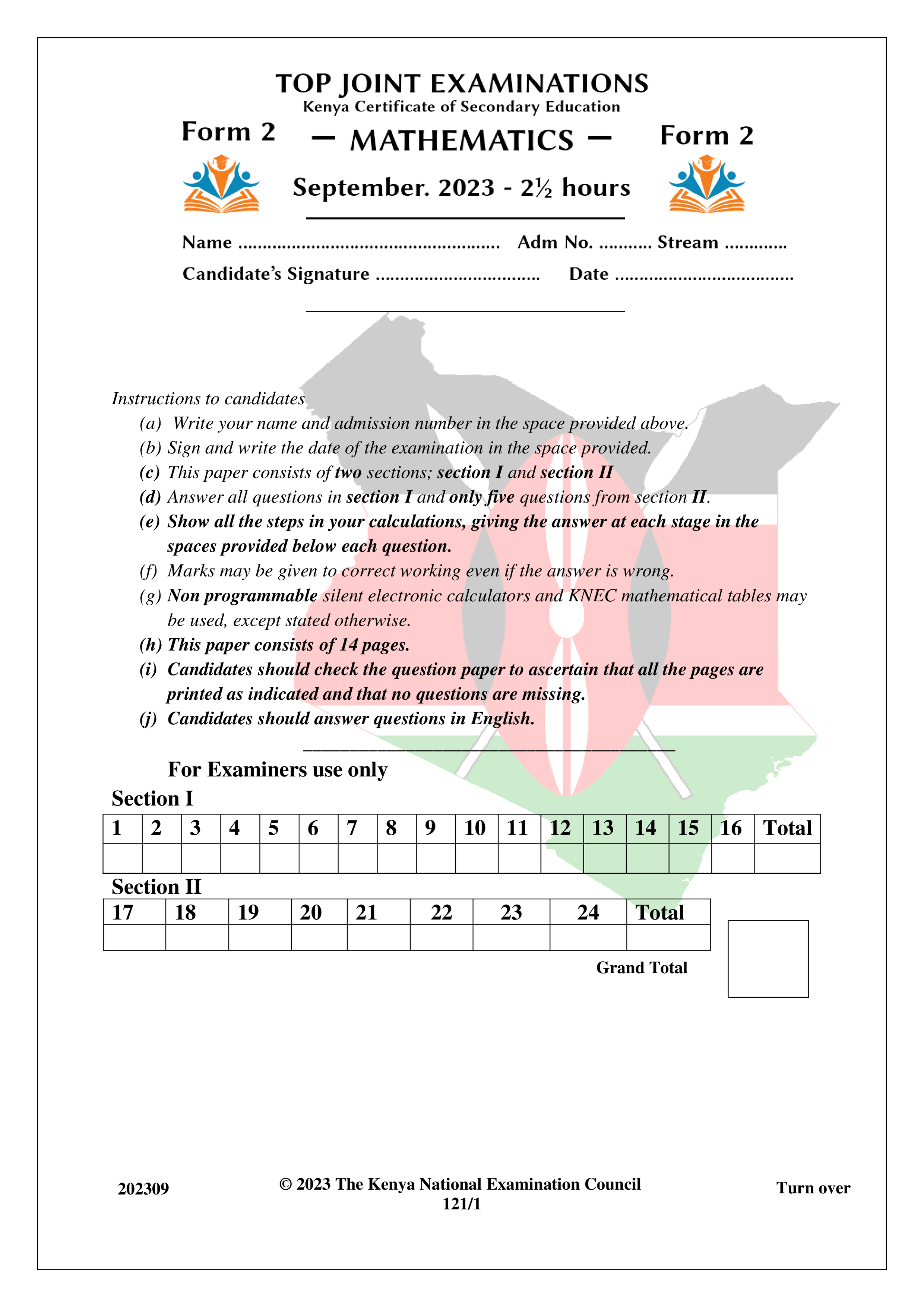 MATHEMATICS FORM 2 OPENER TERM 3 2023