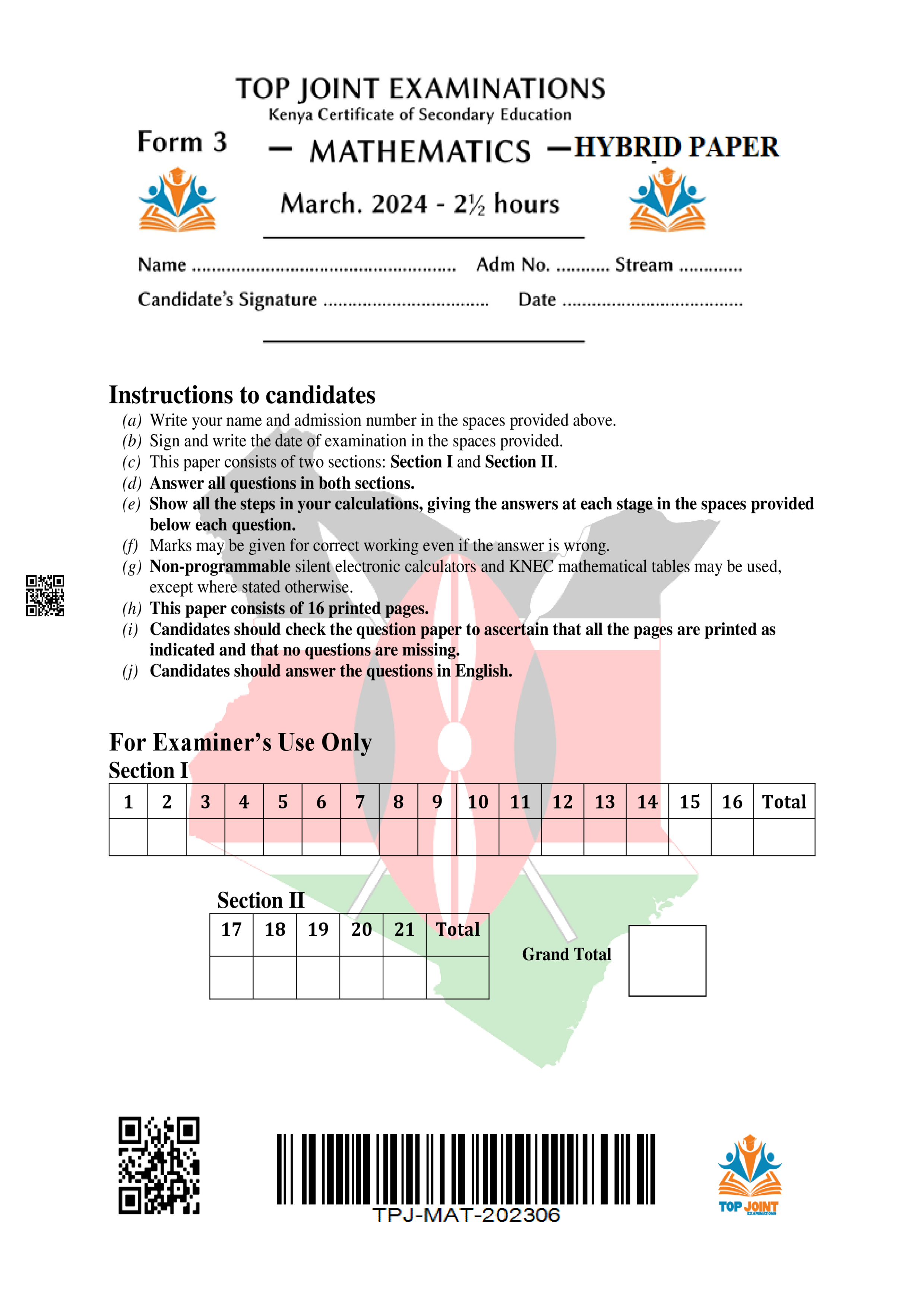 MATHEMATICS FORM 3 HYBRID END TERM 1 2024