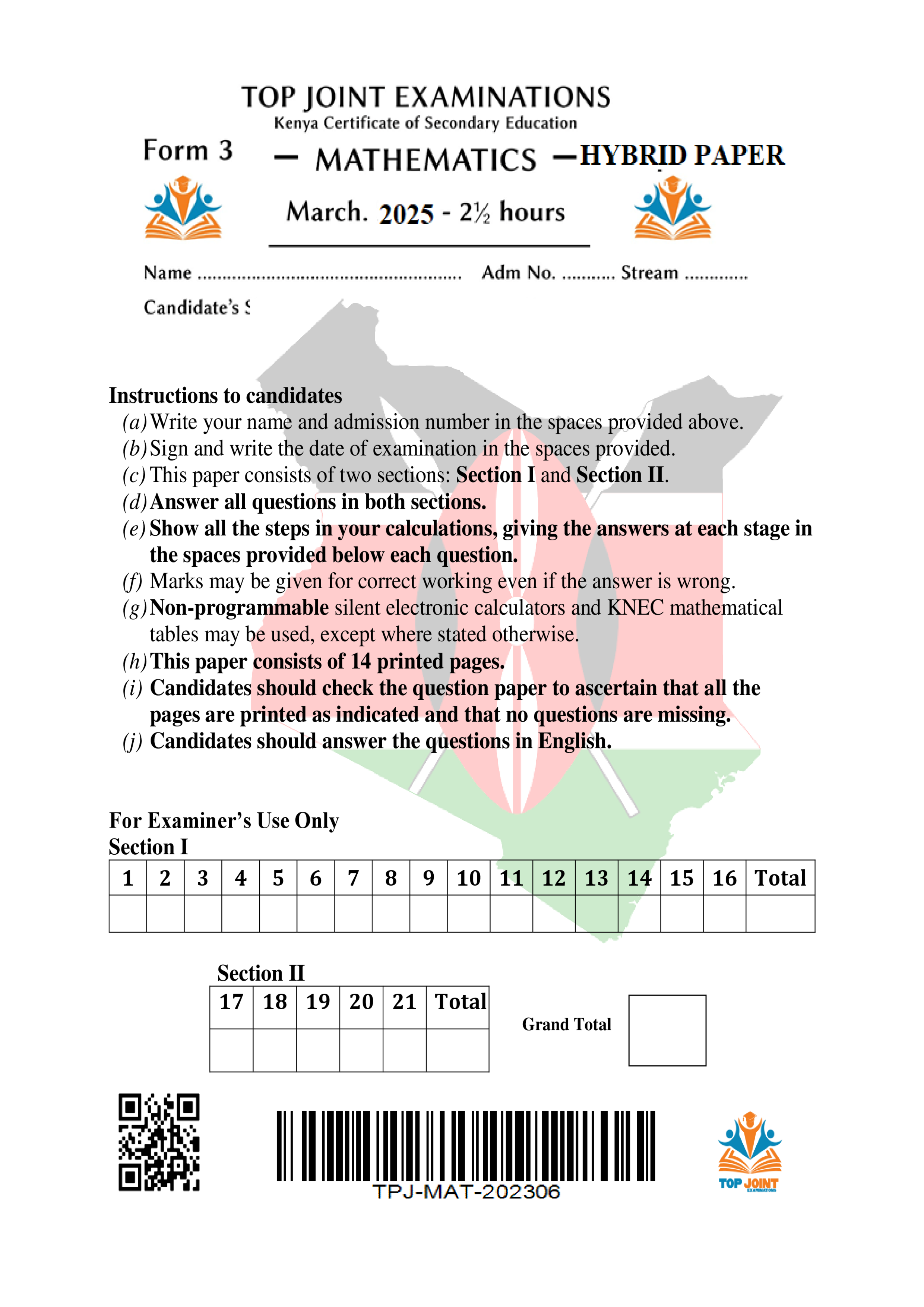 MATHEMATICS FORM 3 END TERM 1 2025