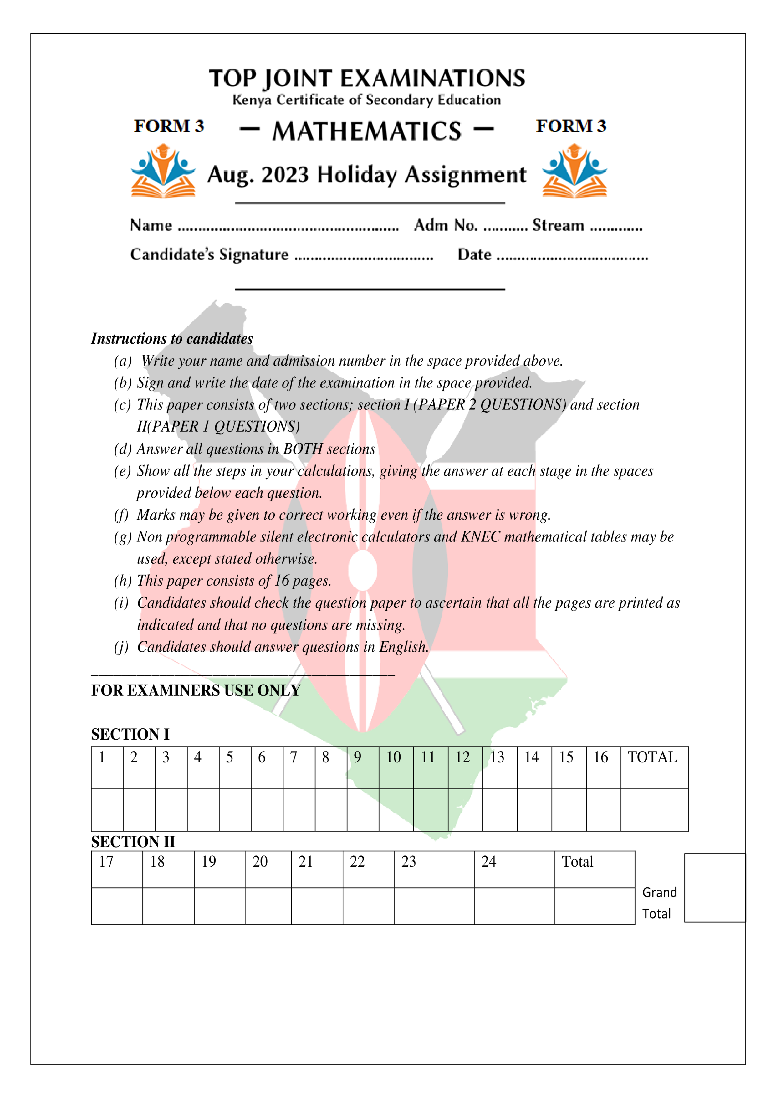 MATHEMATICS FORM 3 AUGUST 2023 HOLIDAY ASSIGNMENT