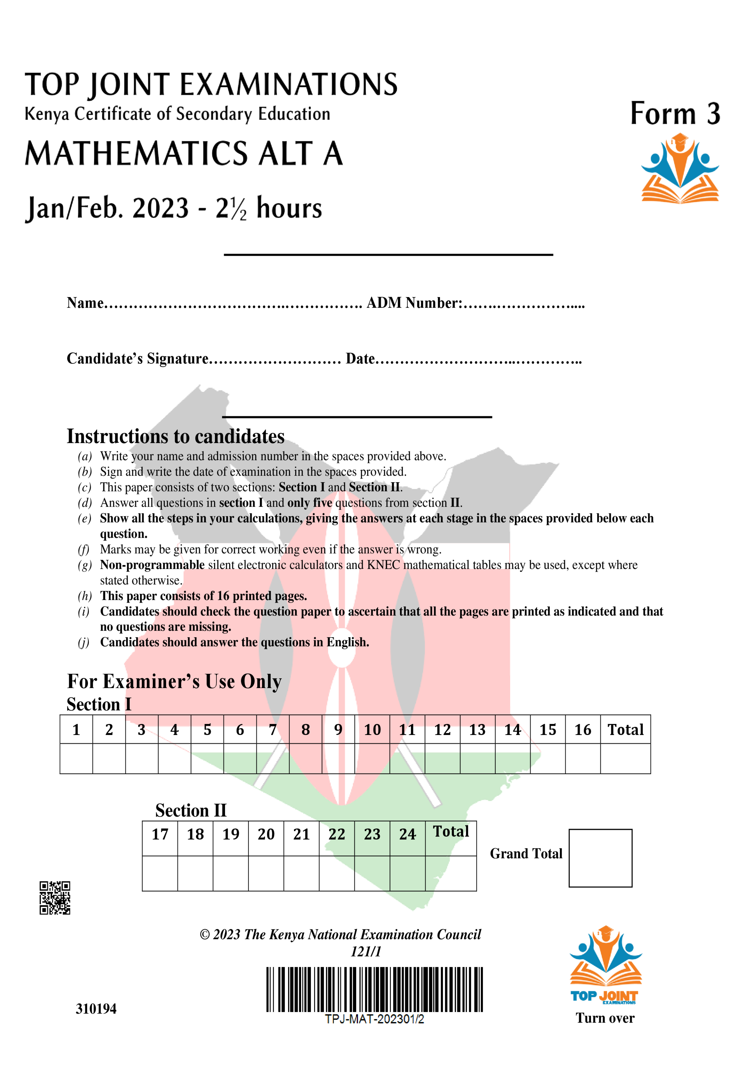 MATHEMATICS FORM 3 OPENER TERM 1 2023
